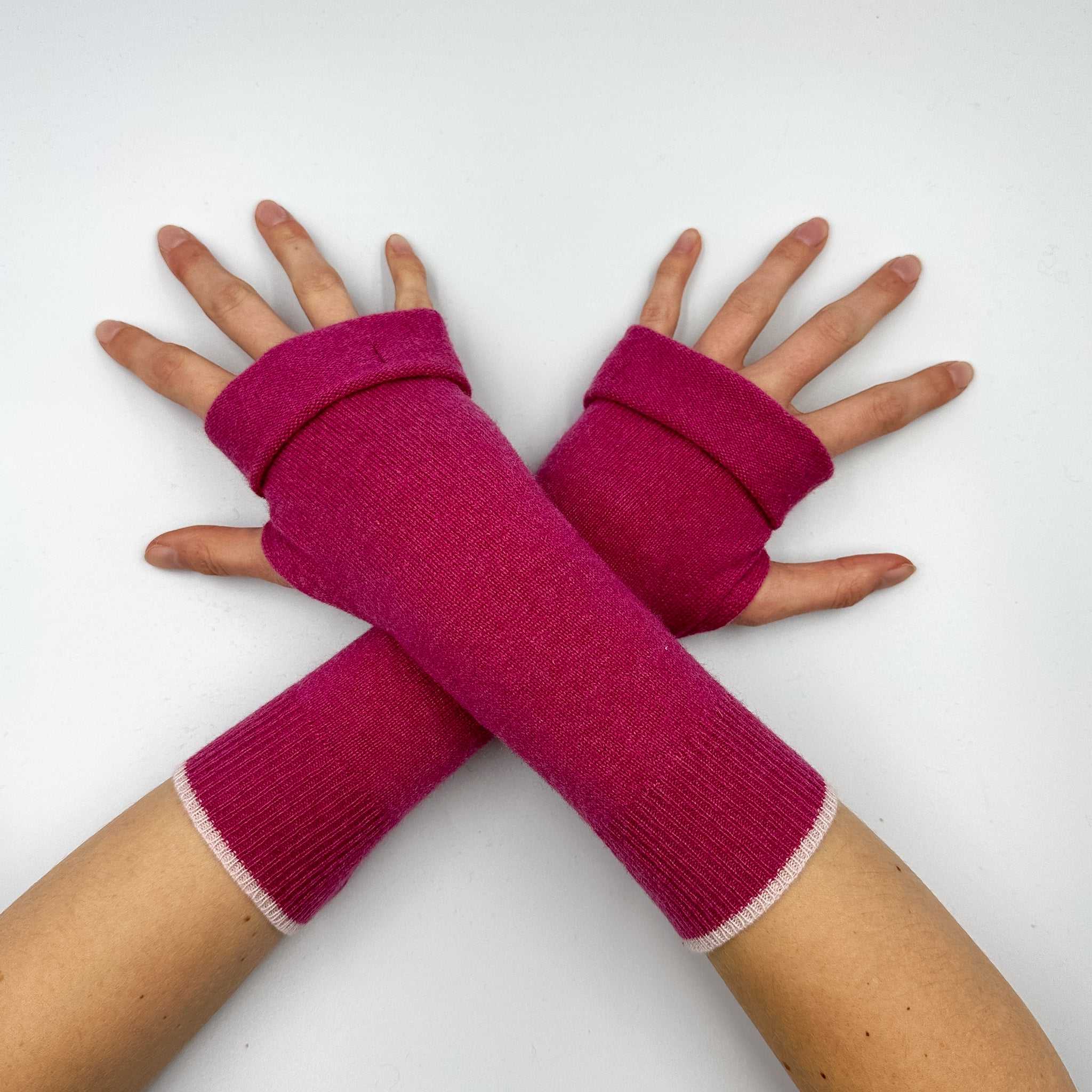 Raspberry Pink White Trim Fingerless Gloves