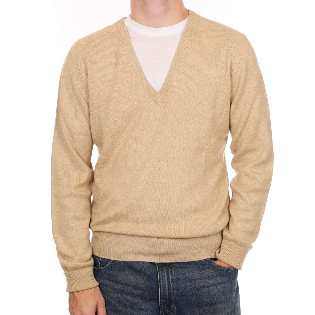 Men’s Vintage Beige Cashmere V Neck Jumper Medium