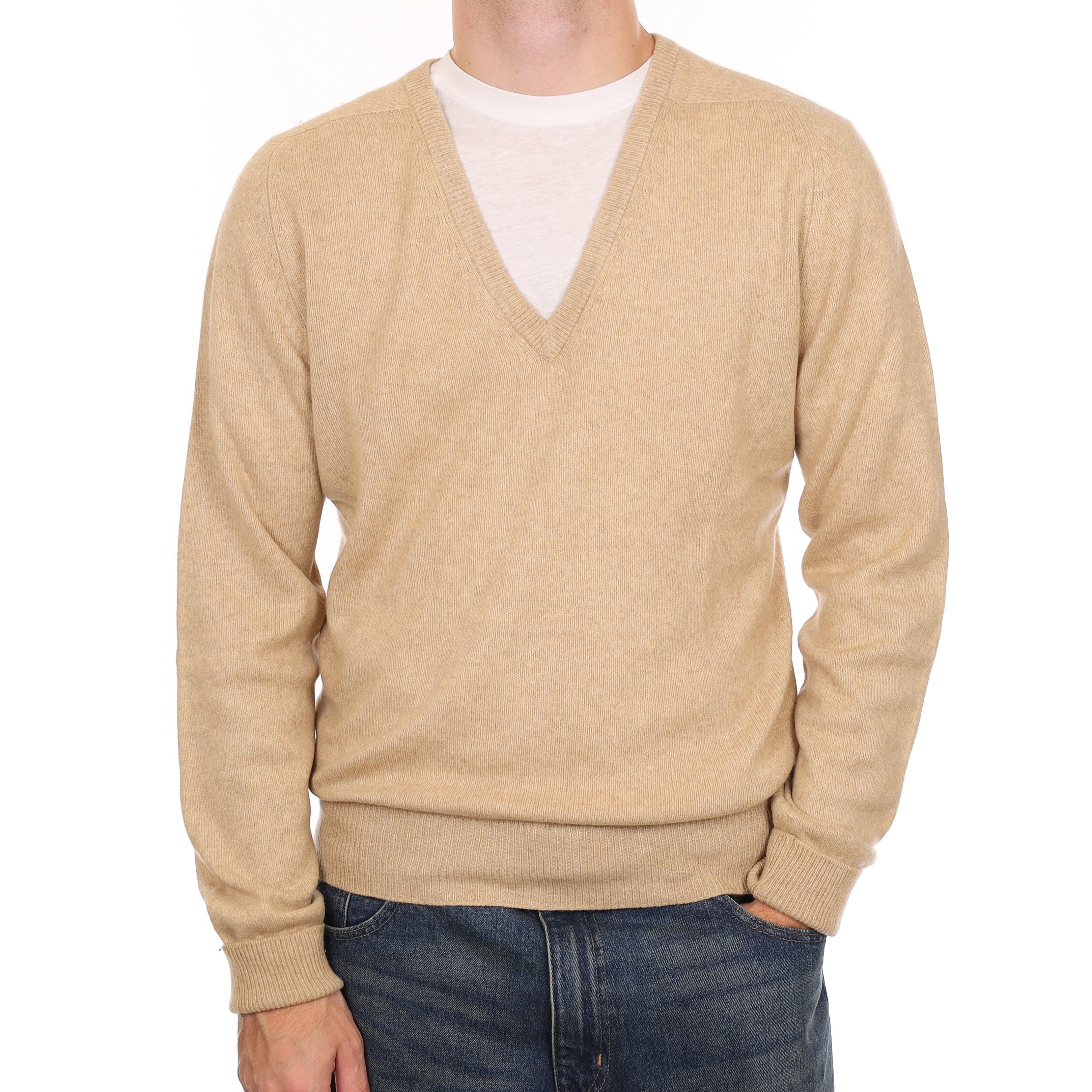 Men’s Vintage Beige Cashmere V Neck Jumper Medium