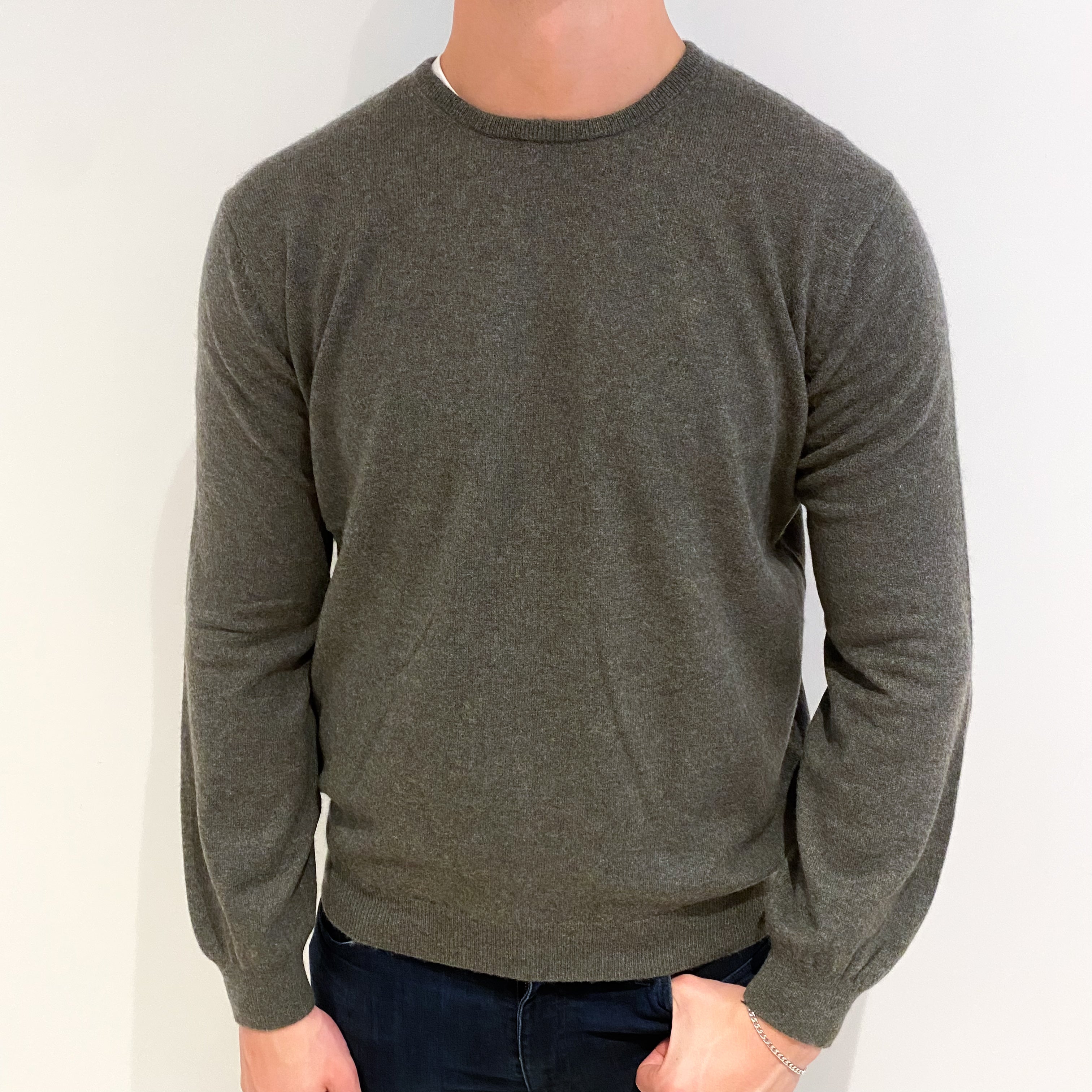 Men's Khaki Green Cashmere Crew Neck Jumper XL