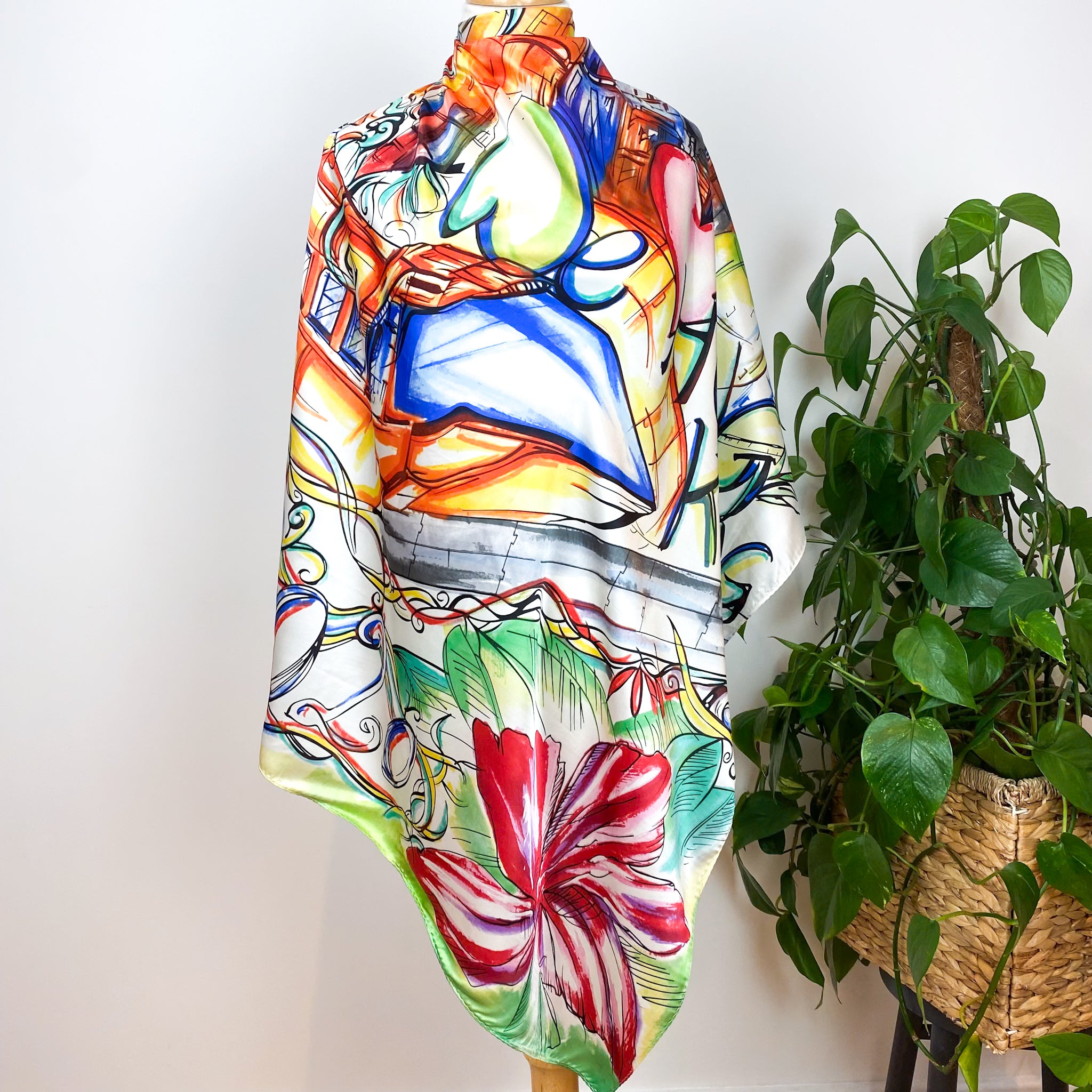 Large Modern Floral Design Silk Scarf