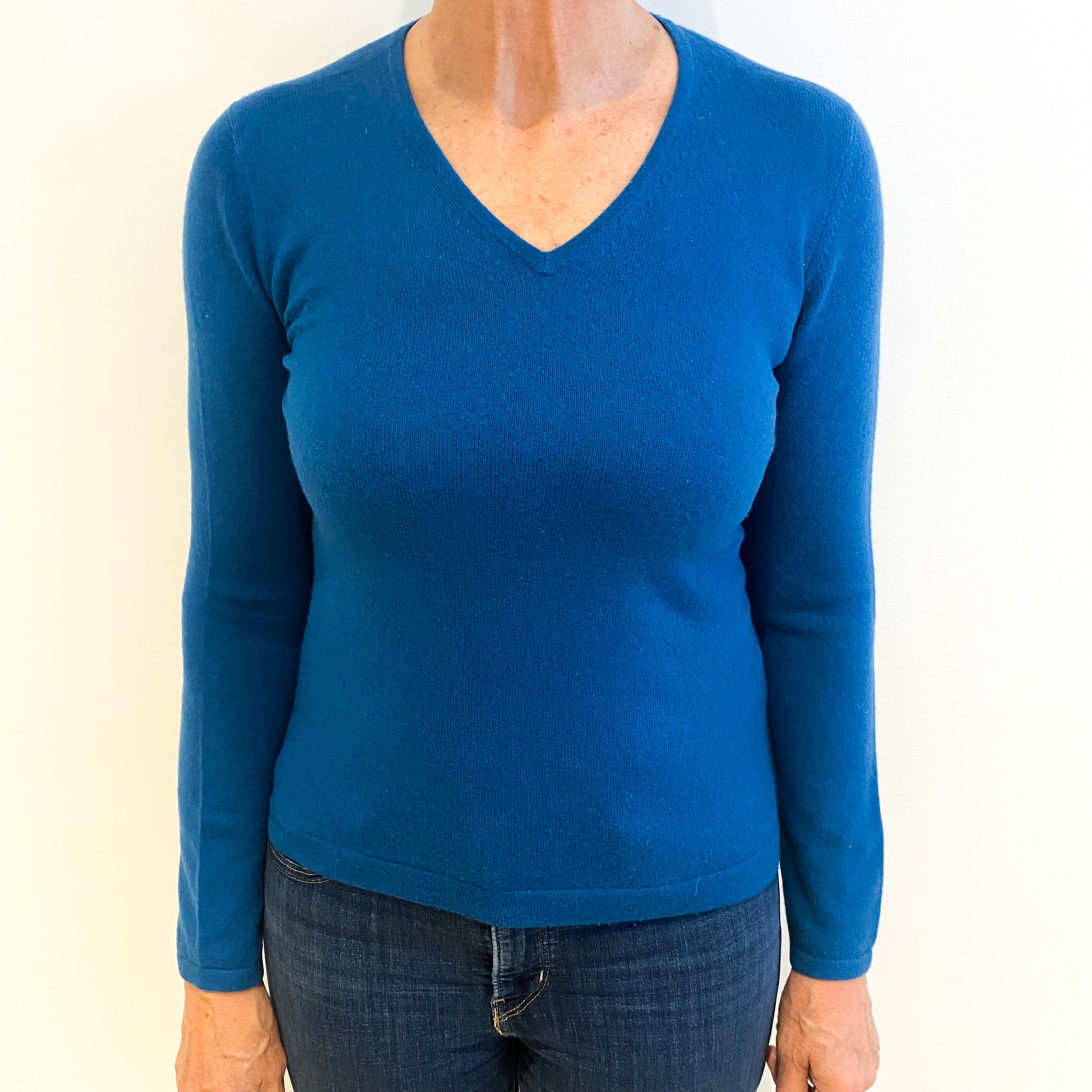 Teal Blue Cashmere V Neck Jumper Medium