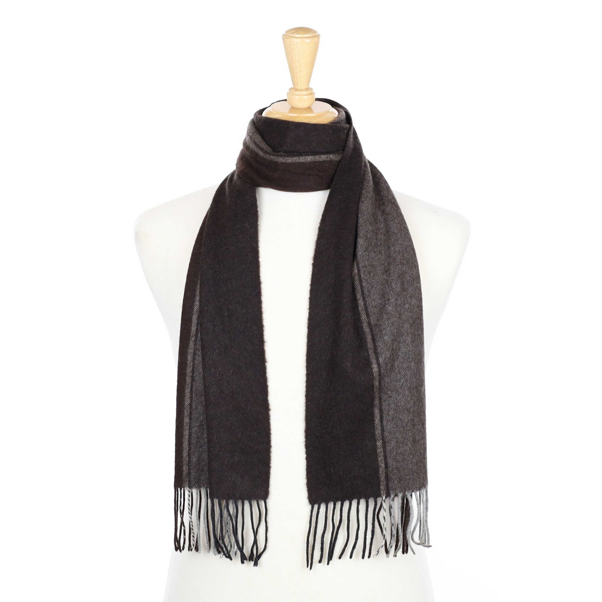 Dark Chocolate Brown Striped Cashmere Fringed Woven Scarf