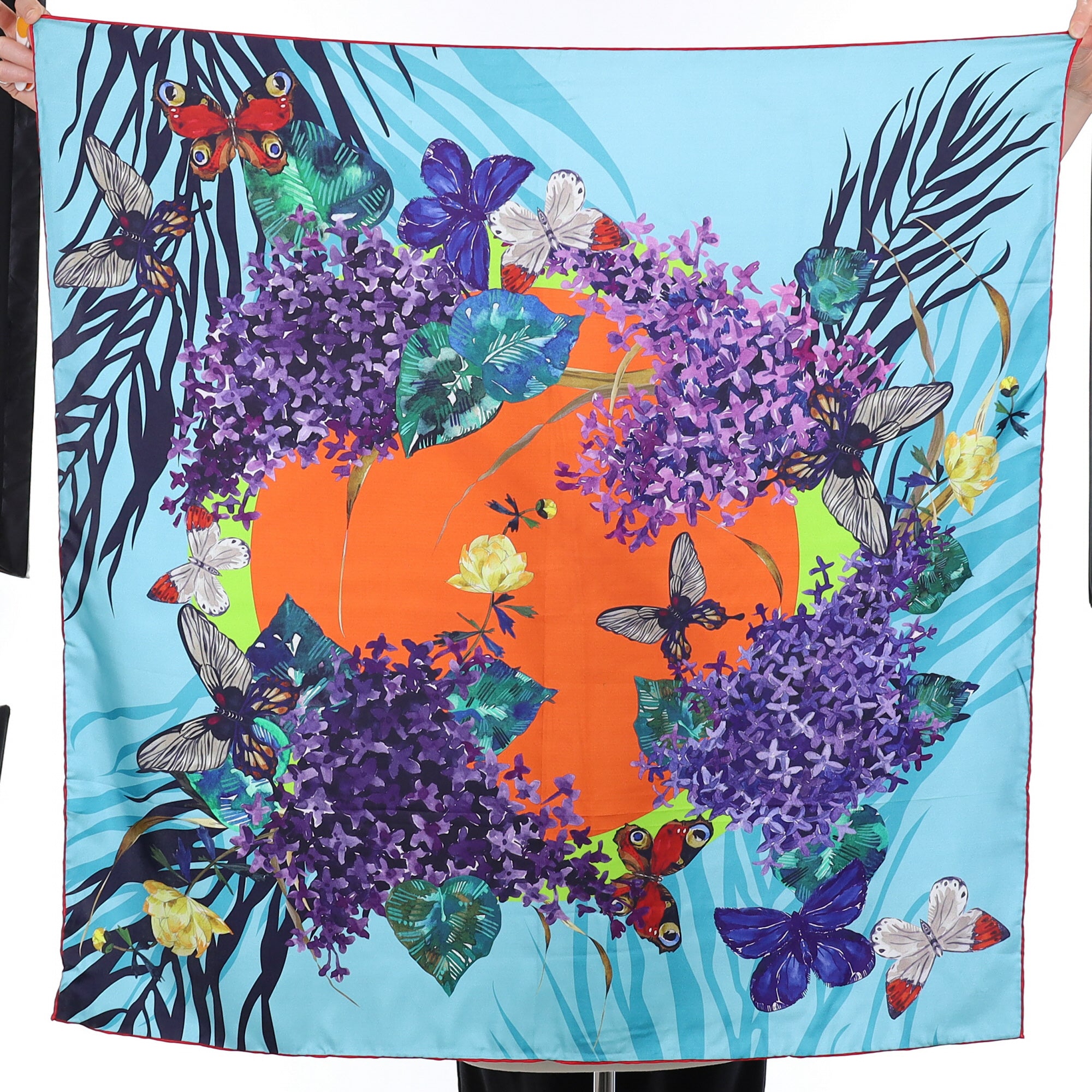 Boxed Olga Nikich Silk Turquoise Botanical Scarf