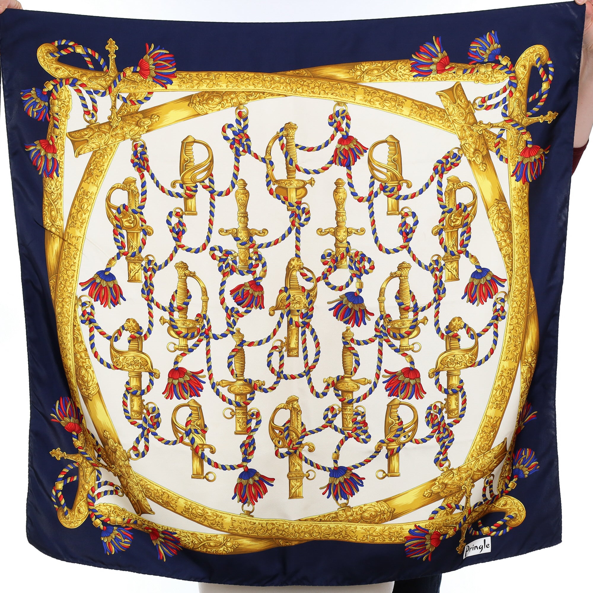 Pringle Navy Blue Tassle Silk Scarf