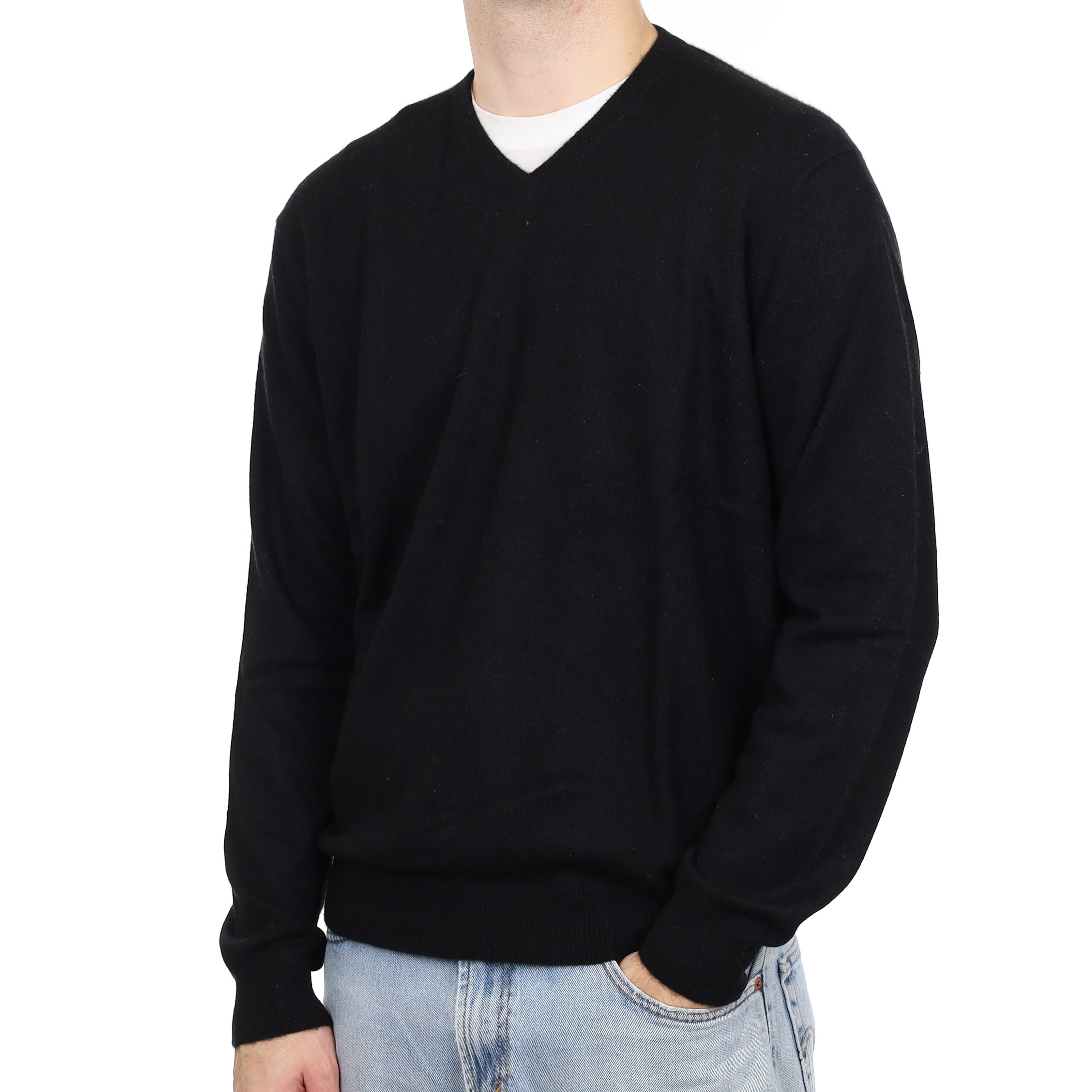 Men's Black Cashmere V Neck Jumper Large