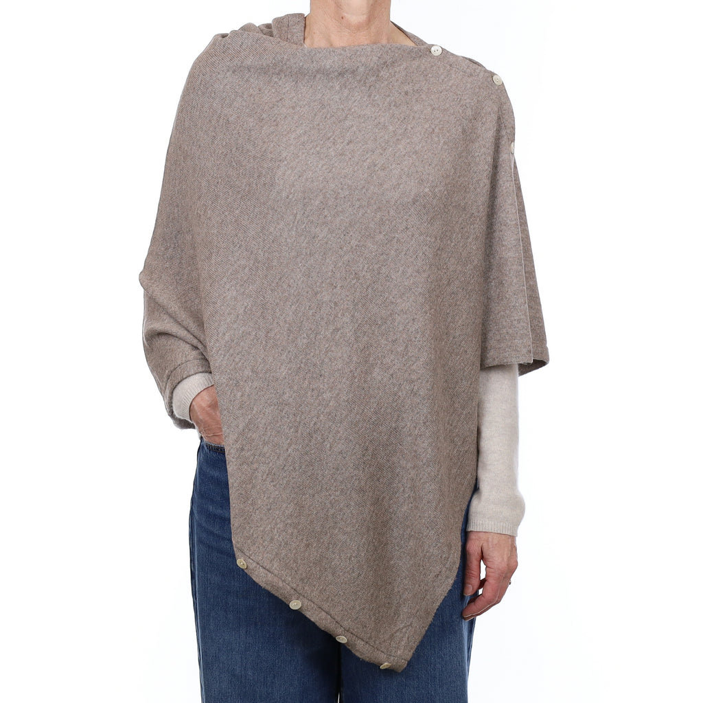 Taupe Brown Cashmere Buttoned Poncho One Size