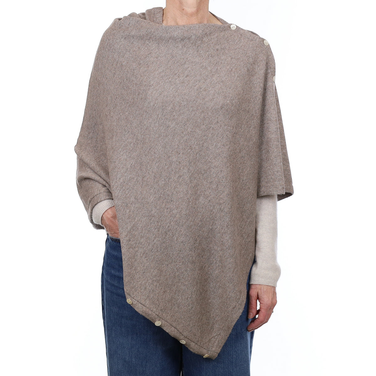 Taupe Brown Cashmere Buttoned Poncho One Size