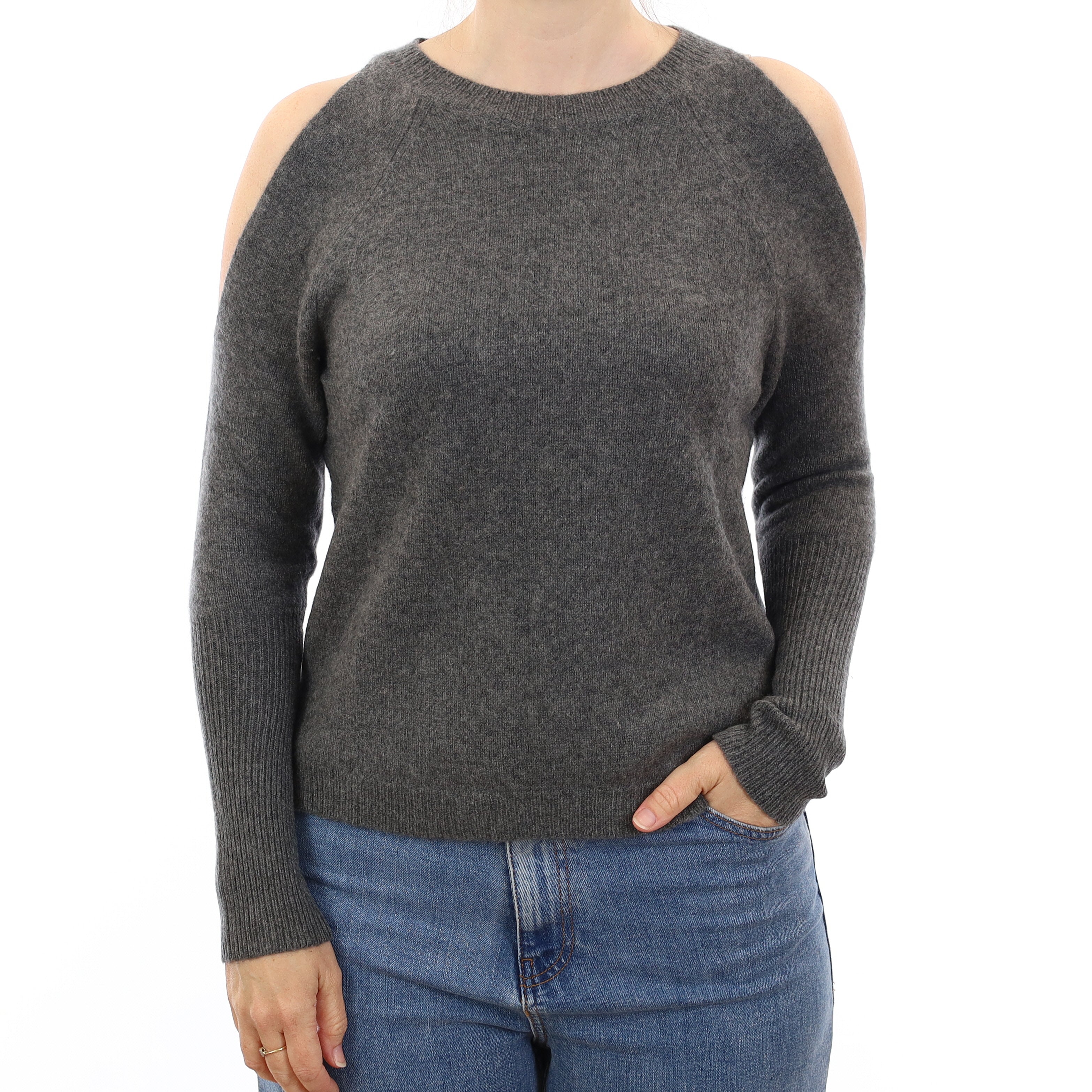Slate Grey Open Shoulder Cashmere Crew Neck Jumper Small