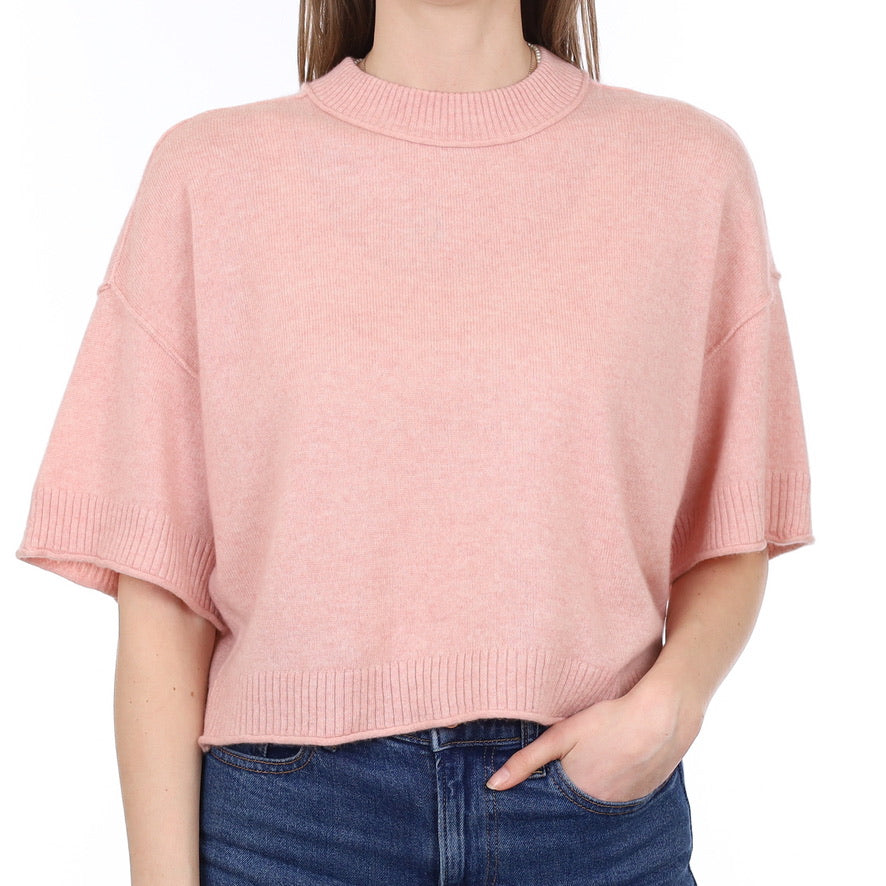 Blush Pink Marl Cashmere Slouchy Short Sleeve Crew Neck Jumper Small