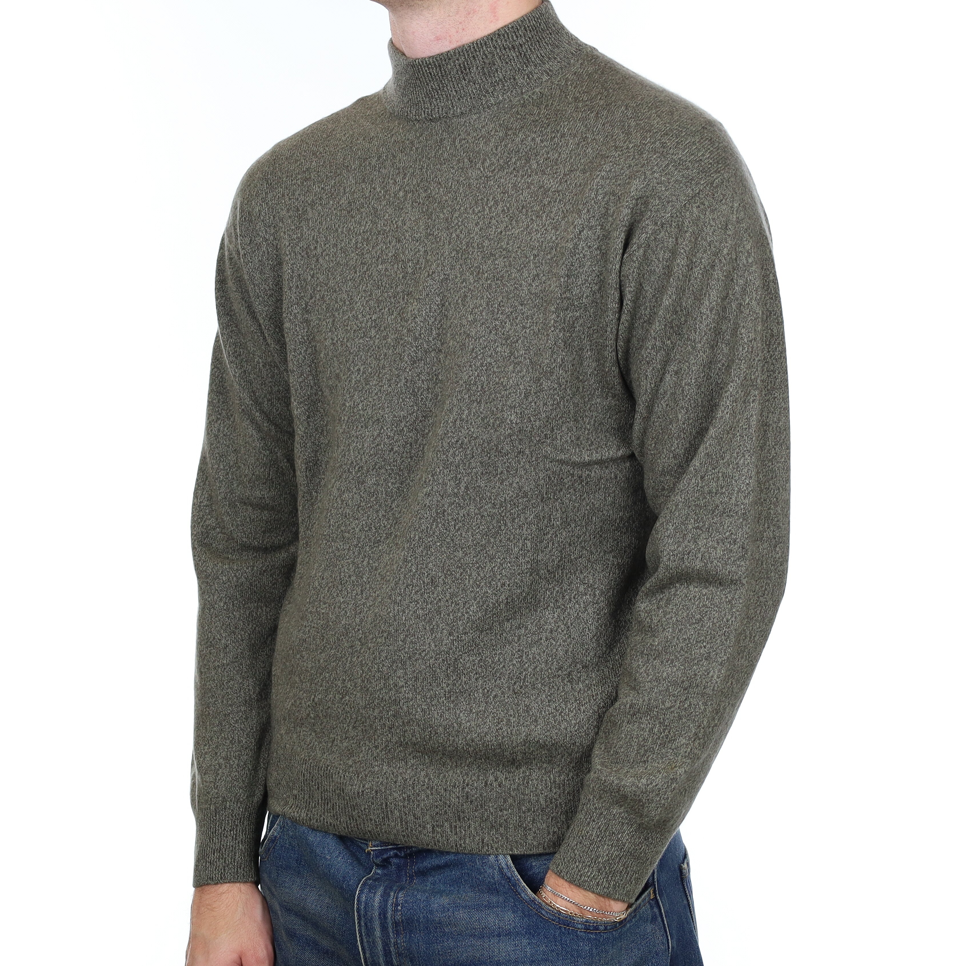 Men’s Khaki Green Marl Cashmere Turtle Neck Jumper Medium