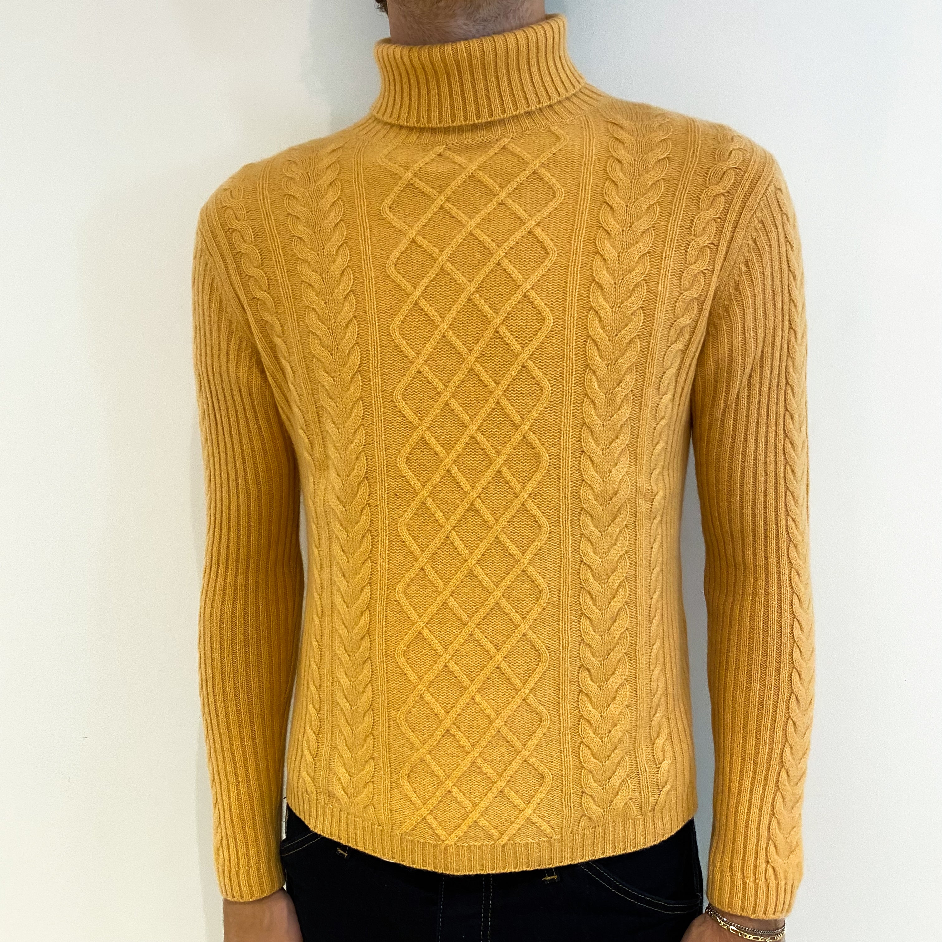 Men's Marigold Yellow Cable Cashmere Polo Neck Jumper Medium