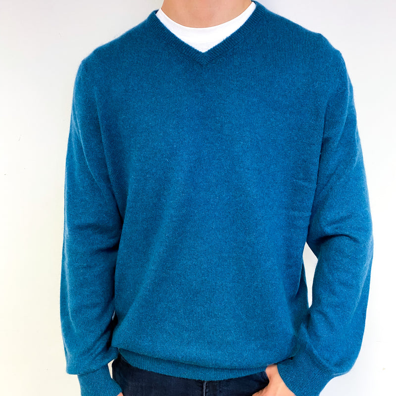 Men's Peacock Blue Cashmere V-Neck Jumper Extra Large