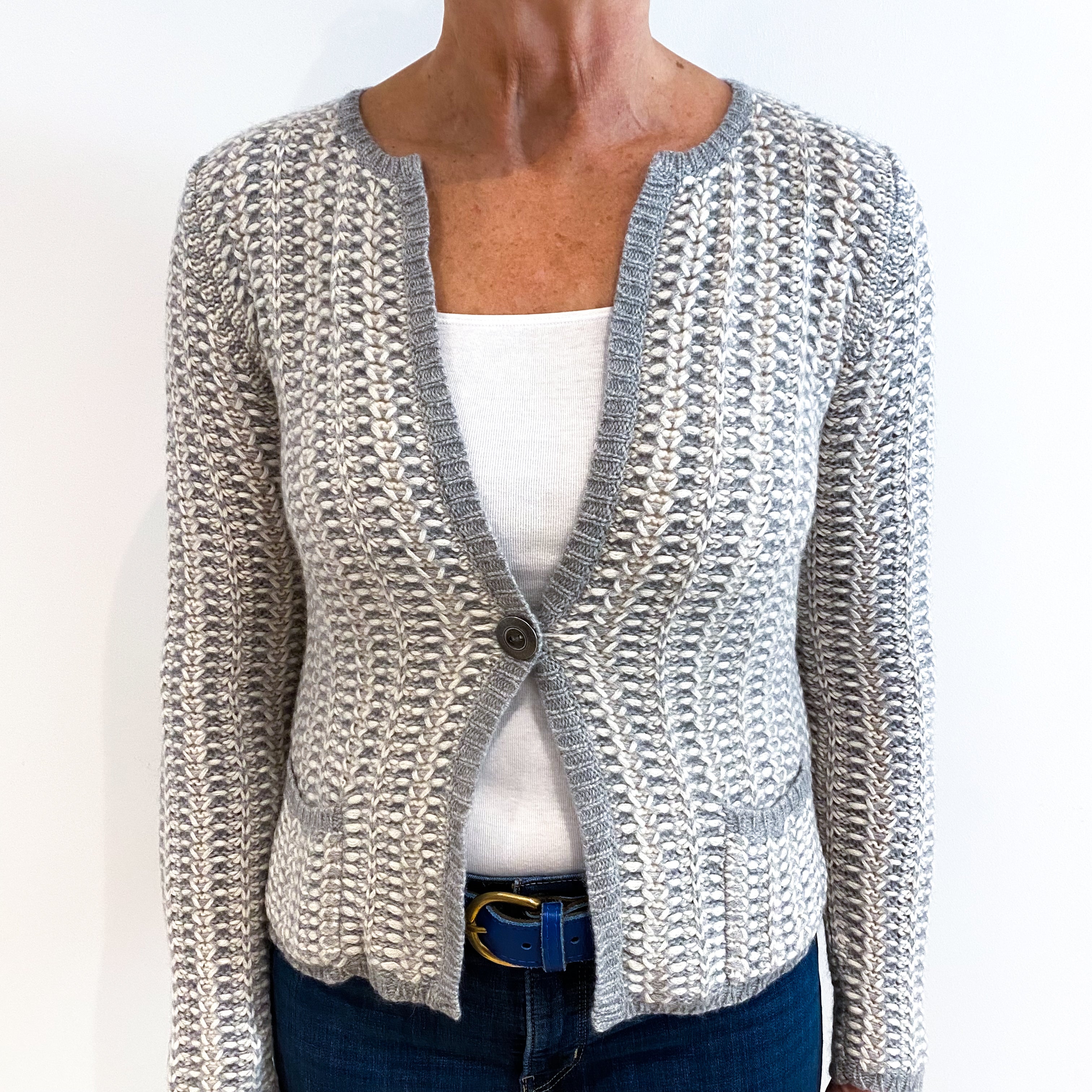Smoke Grey and Winter White Heavy Knit Cashmere Cardigan Medium