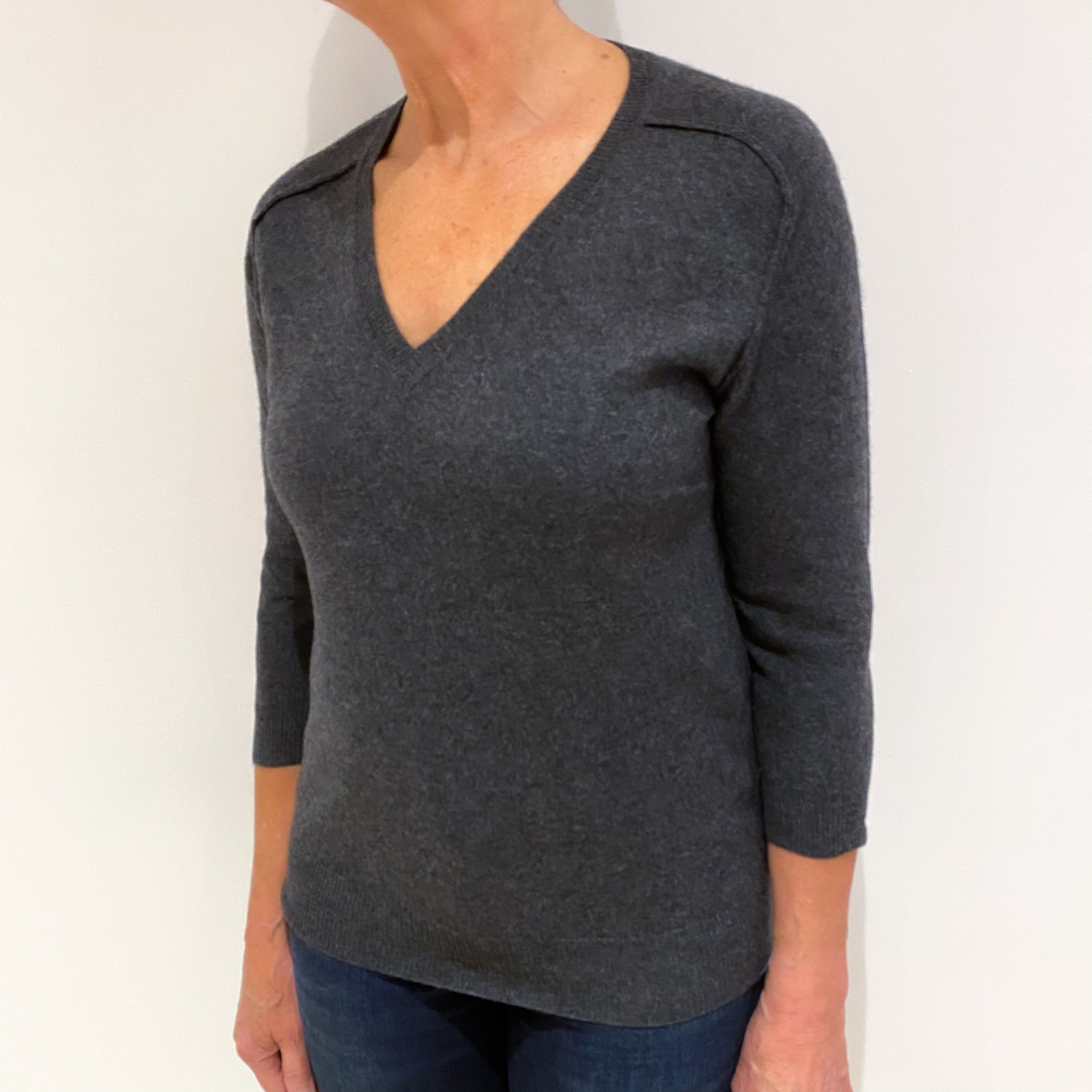 Charcoal Grey 3/4 Sleeve Cashmere V Neck Jumper Medium