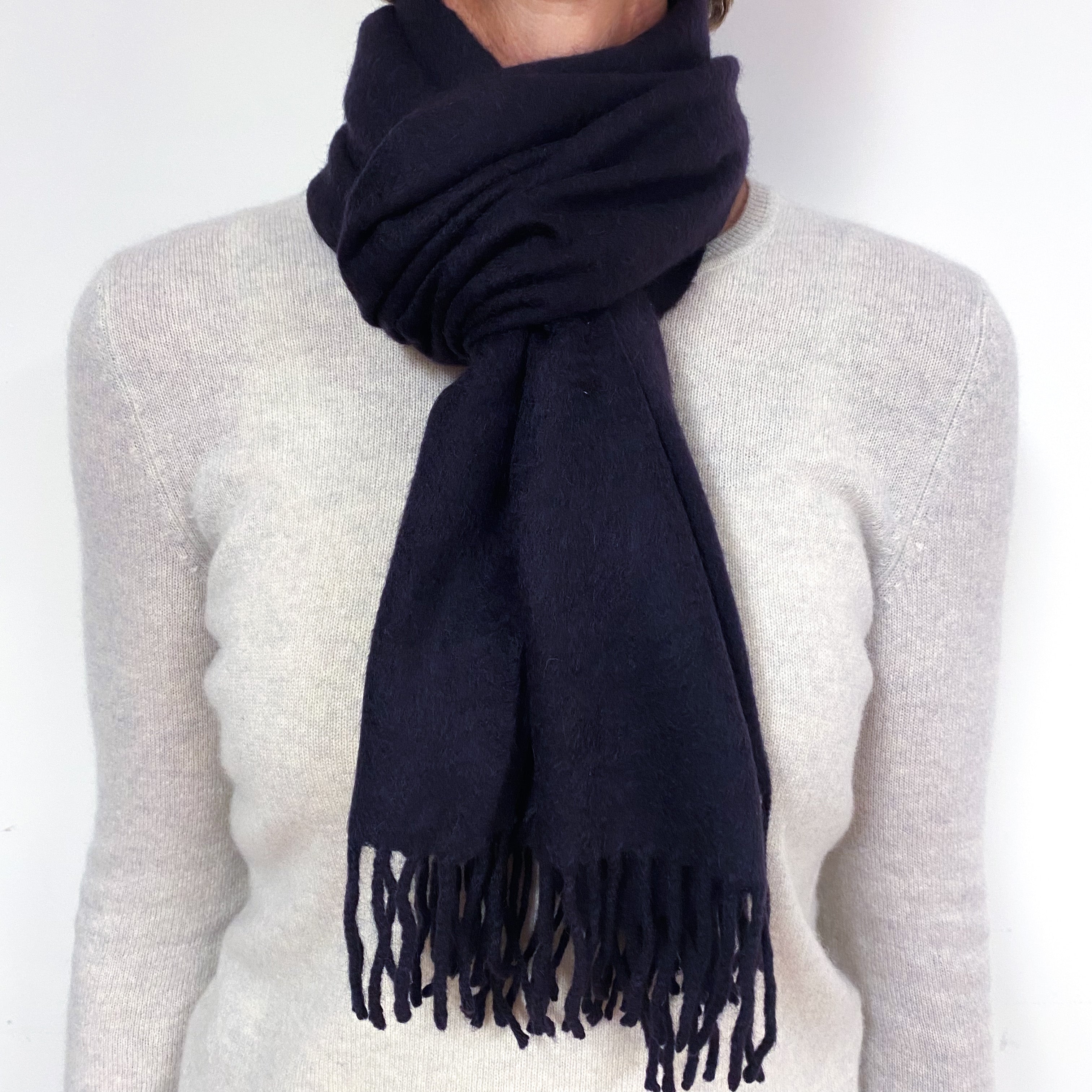 Deep Blueberry Purple Fringed Cashmere Woven Scarf