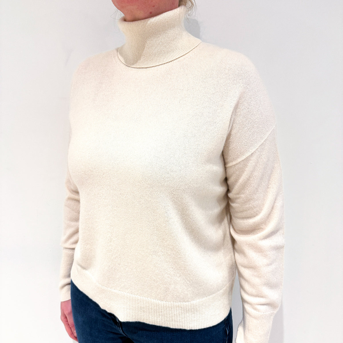 Cream Boxy Cashmere Polo Neck Jumper Large