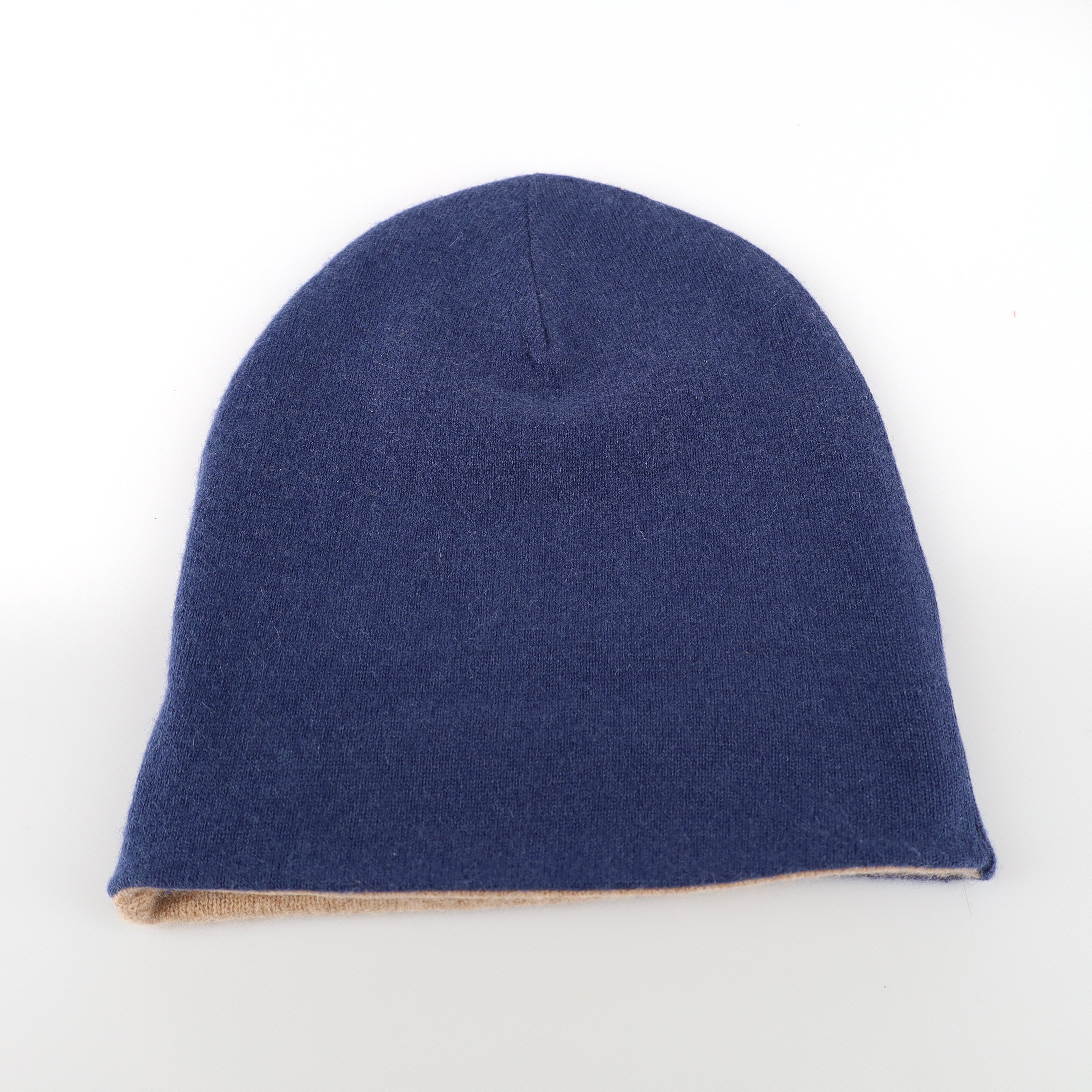 Denim Blue and Camel Cashmere Beanie Hat