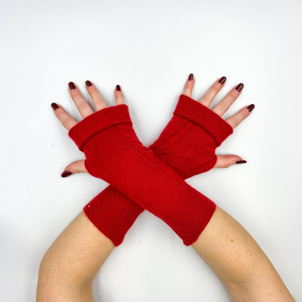 Post Box Red Cable Knit Fingerless Gloves