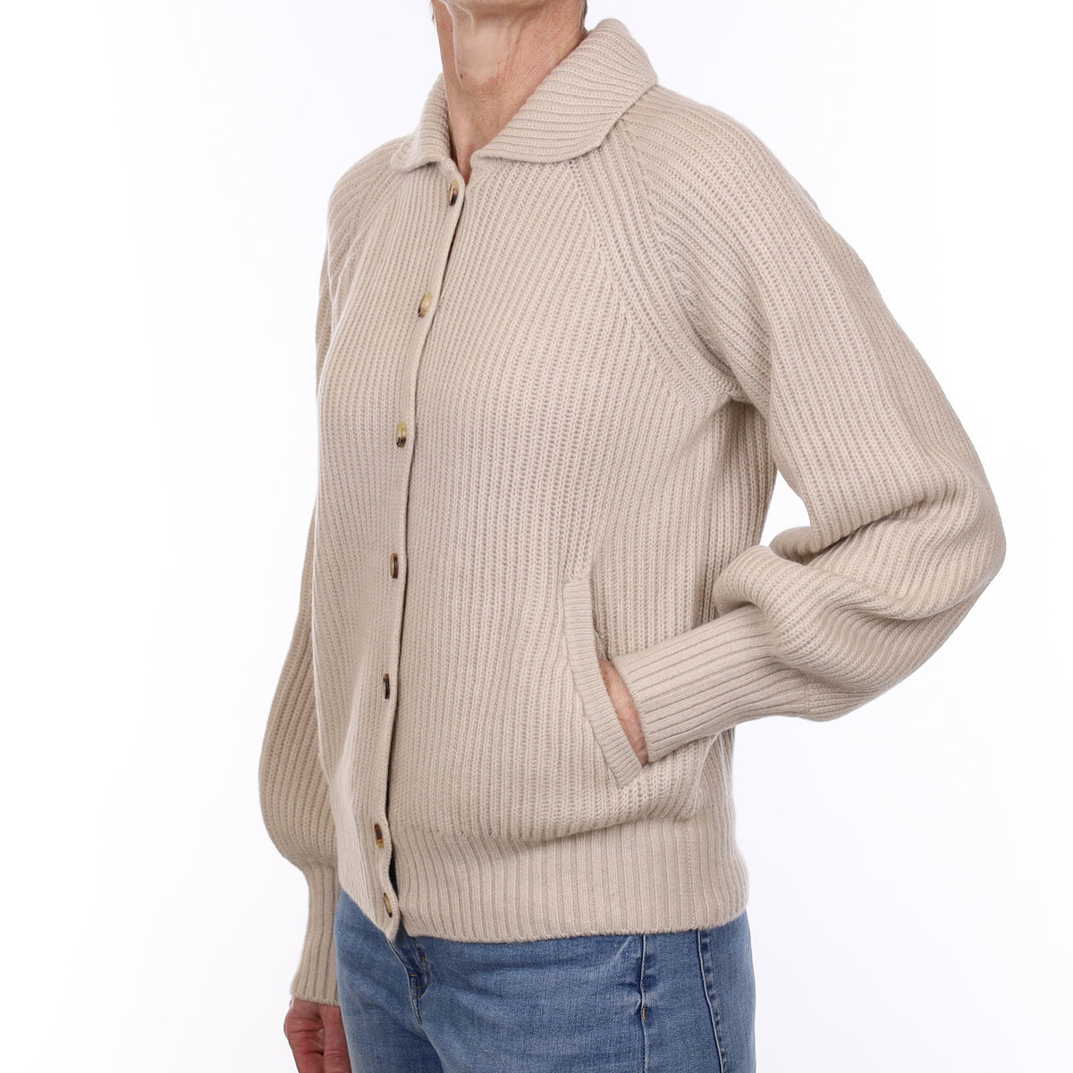 Ann Mashburn Oatmeal Chunky Knit Cashmere Collared Jacket Small
