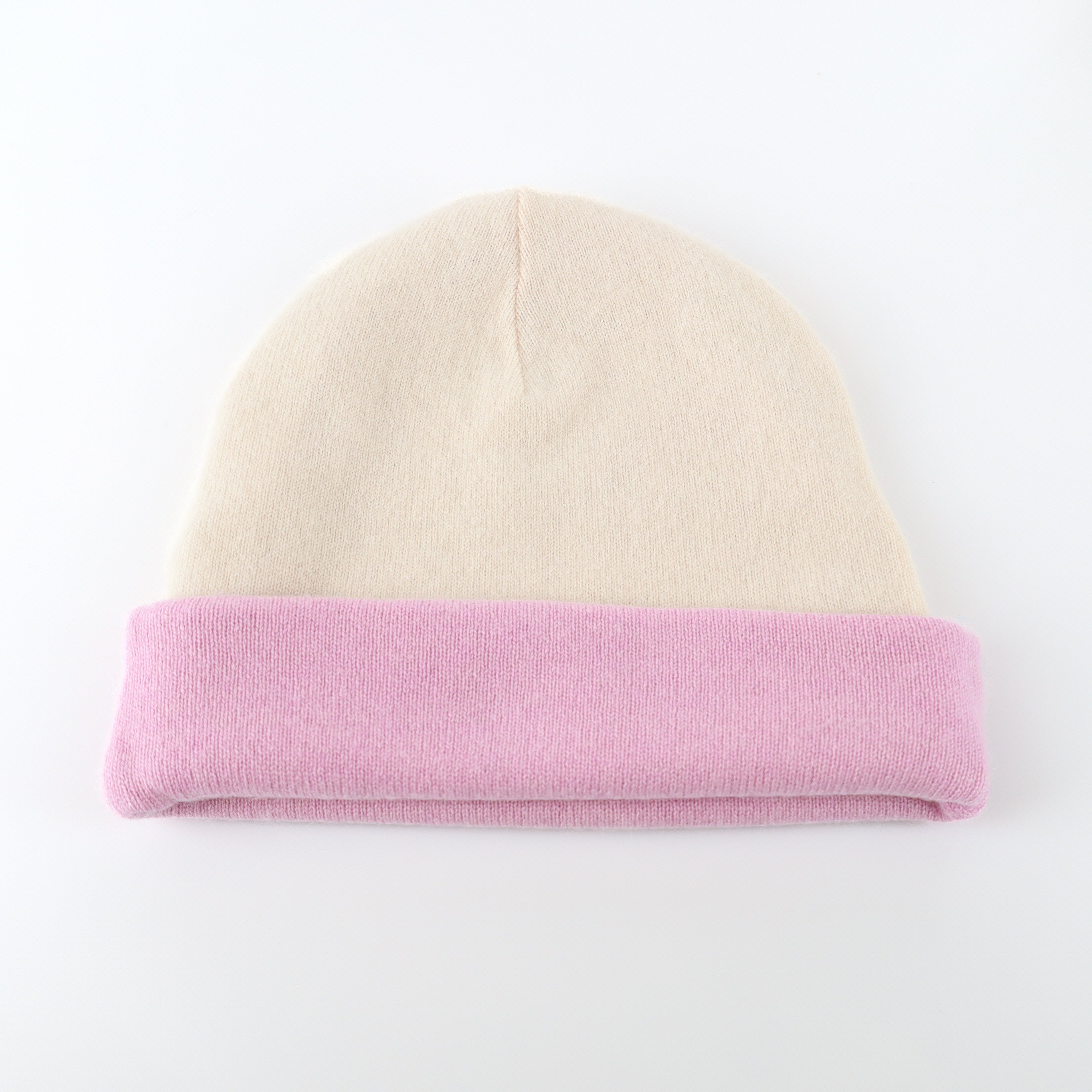 Ivory and Mauve Reversible Cashmere Beanie Hat