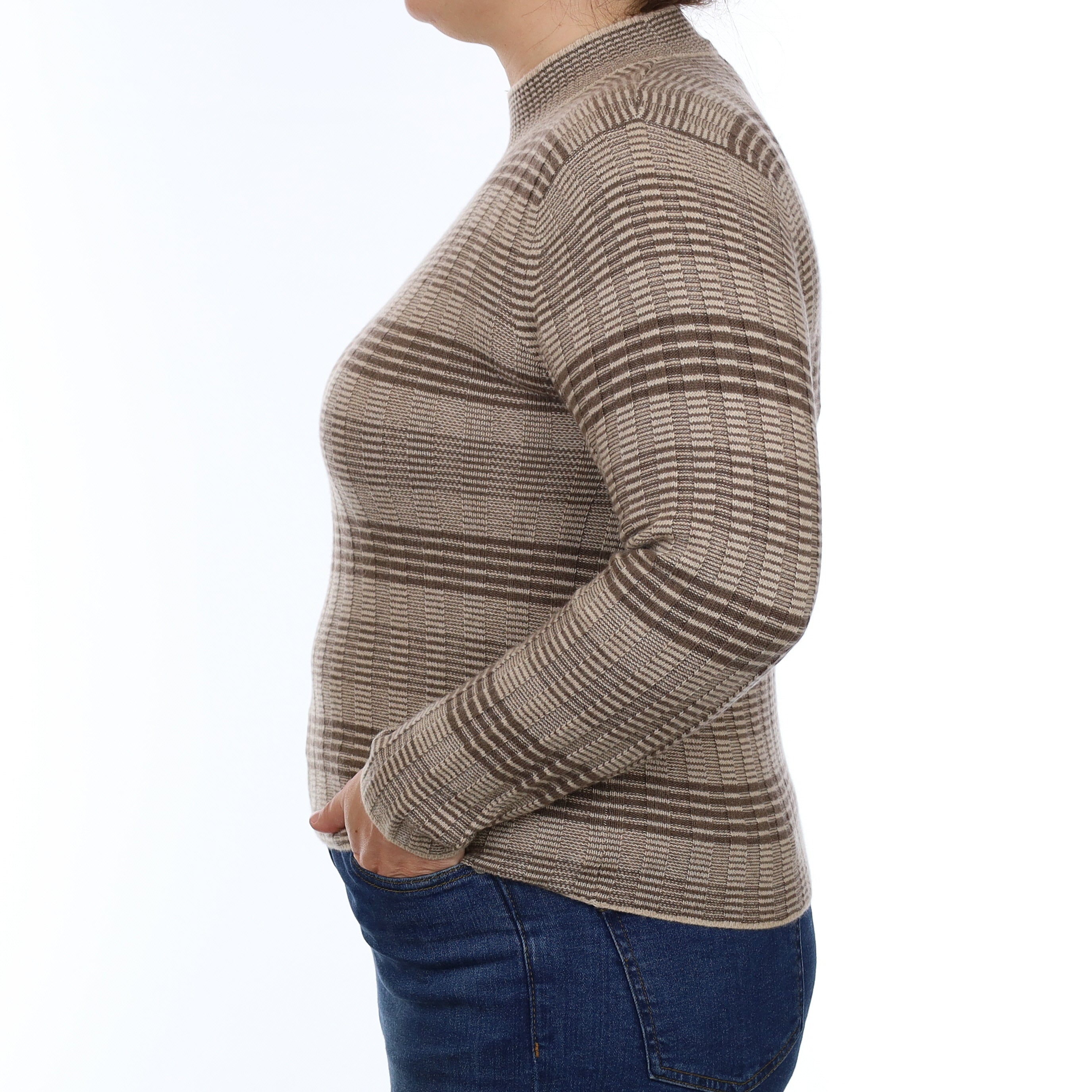 Mocha and Fawn Striped Cashmere Turtle Neck Jumper Large
