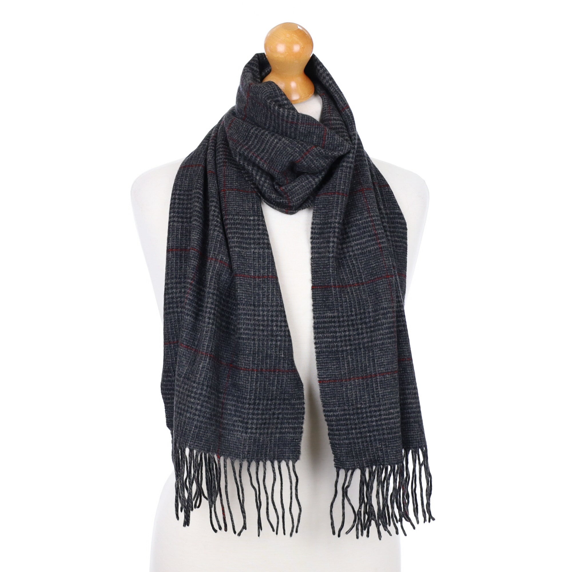 Charcoal and Red Checked Fringed Cashmere Woven Scarf