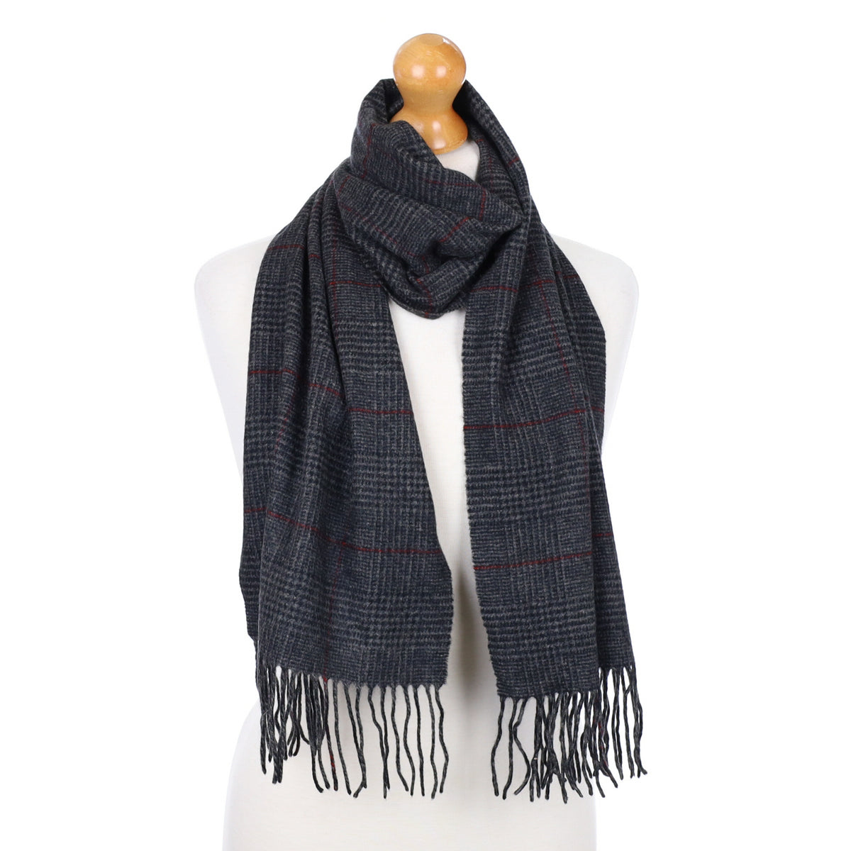 Charcoal and Red Checked Fringed Cashmere Woven Scarf
