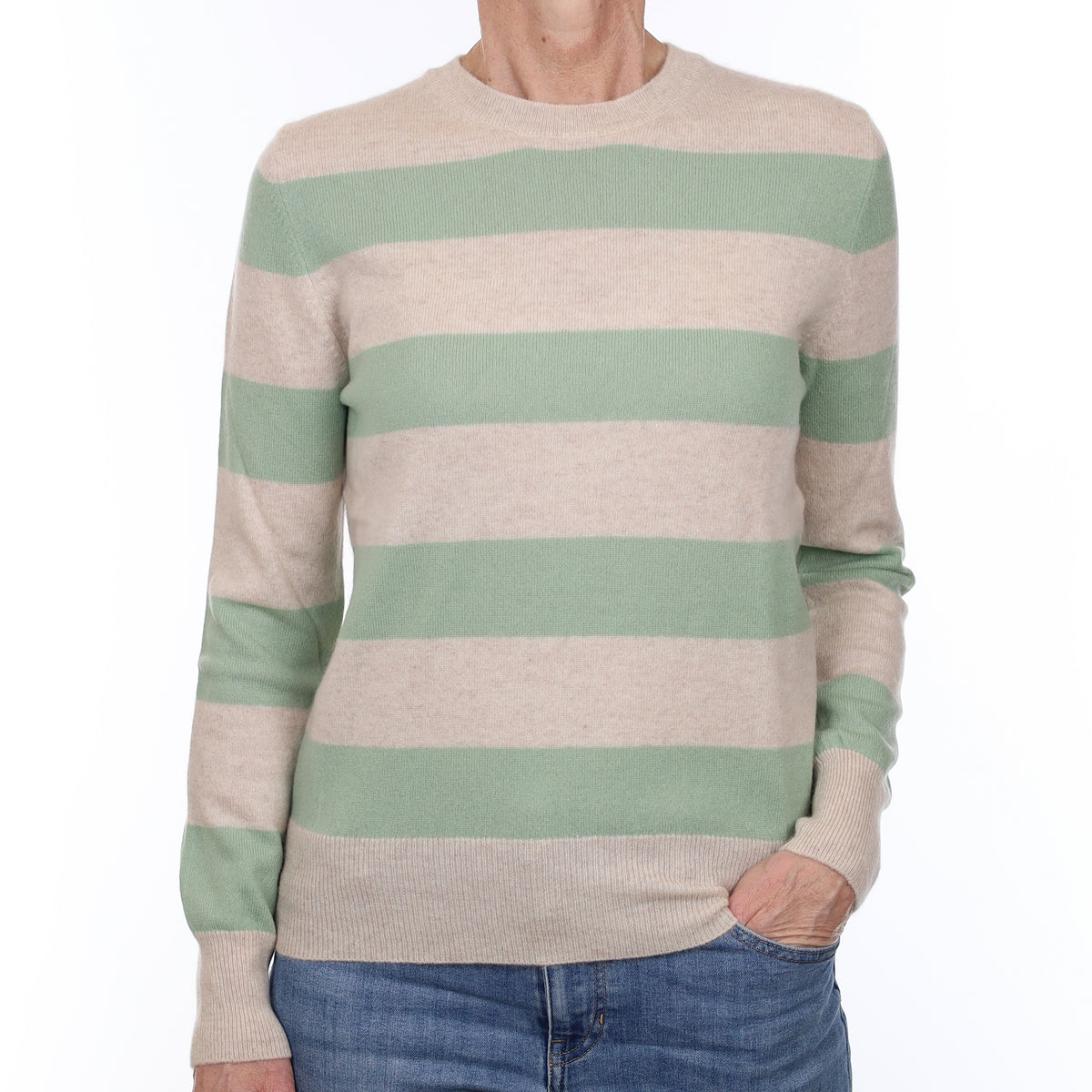 Mint Green and Oatmeal Striped Cashmere Lace Knit Crew Neck Jumper Small