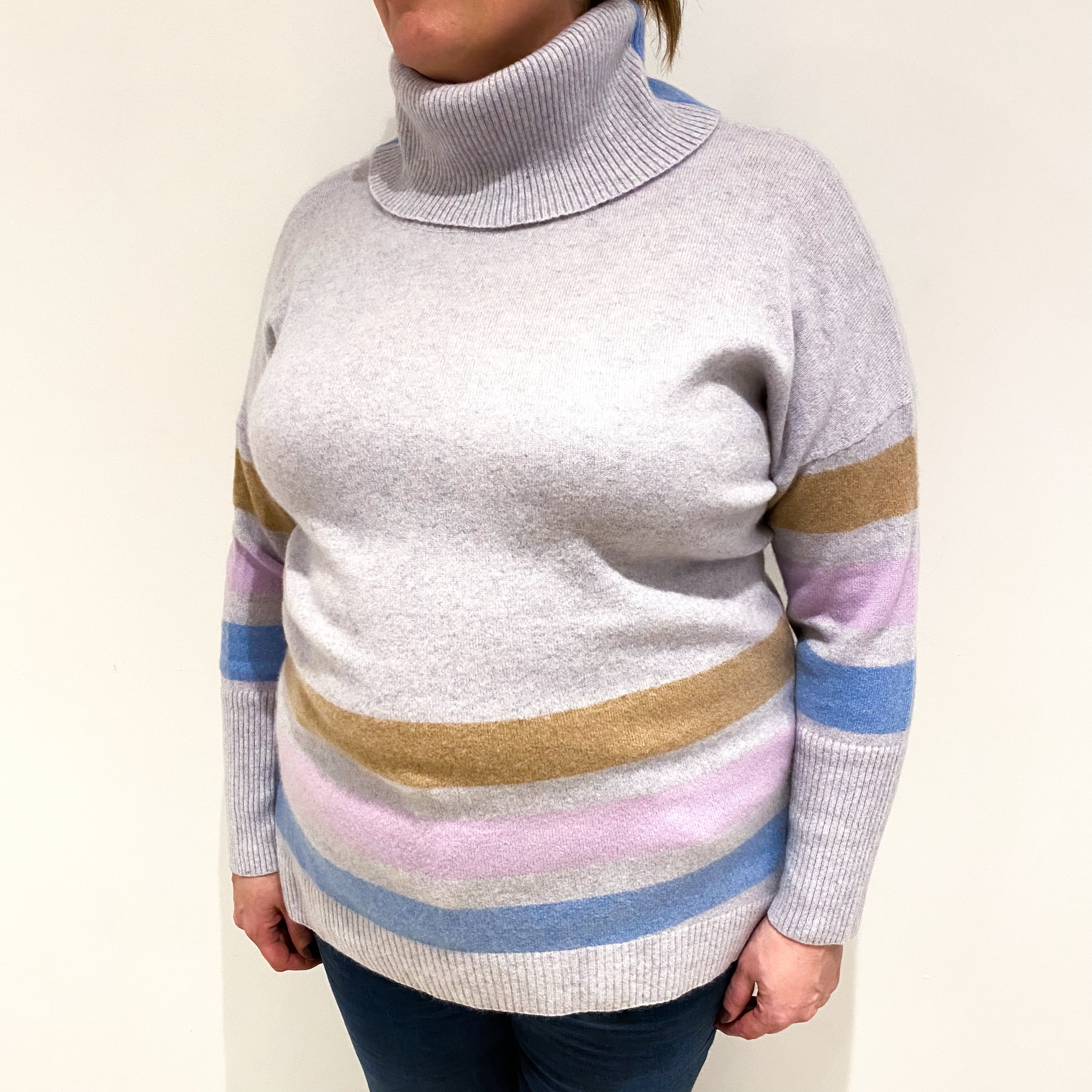 Mist Grey With Colourful Stripes Cashmere Polo Neck Jumper Extra Large