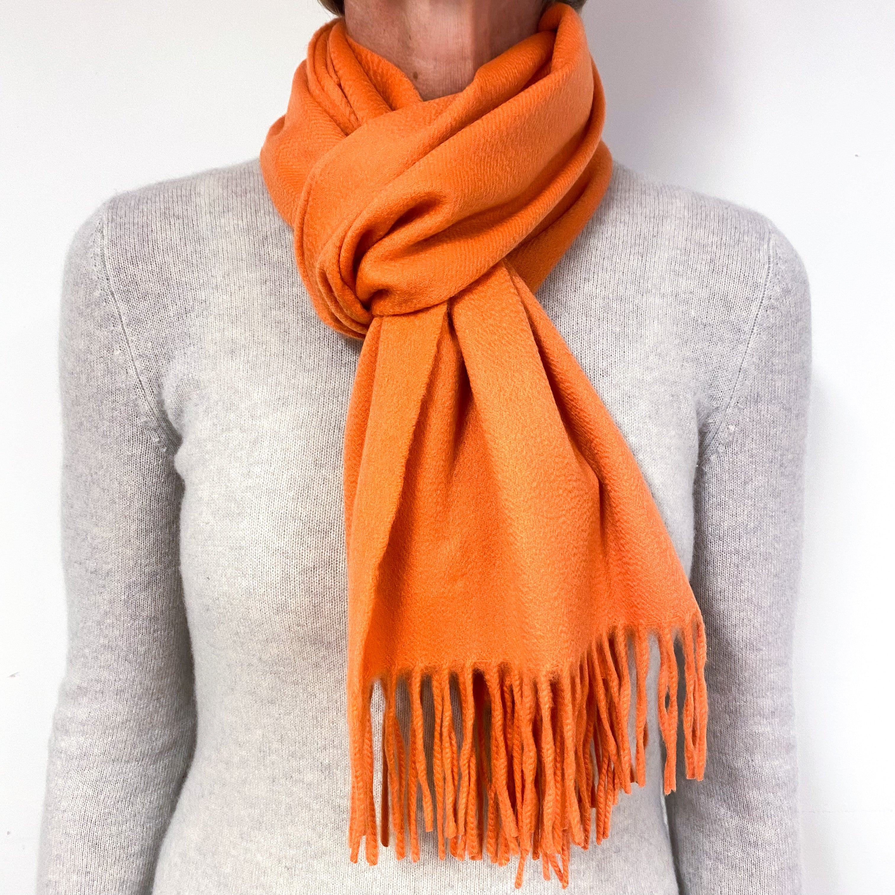 Tangerine Orange Fringed Cashmere Woven Scarf