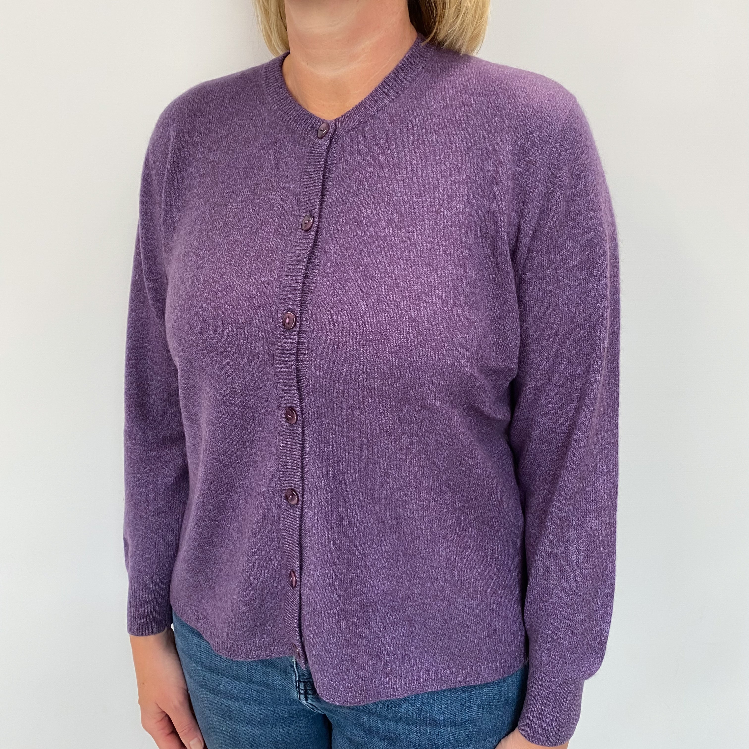 Amethyst Purple Marl Cashmere Crew Neck Cardigan Large