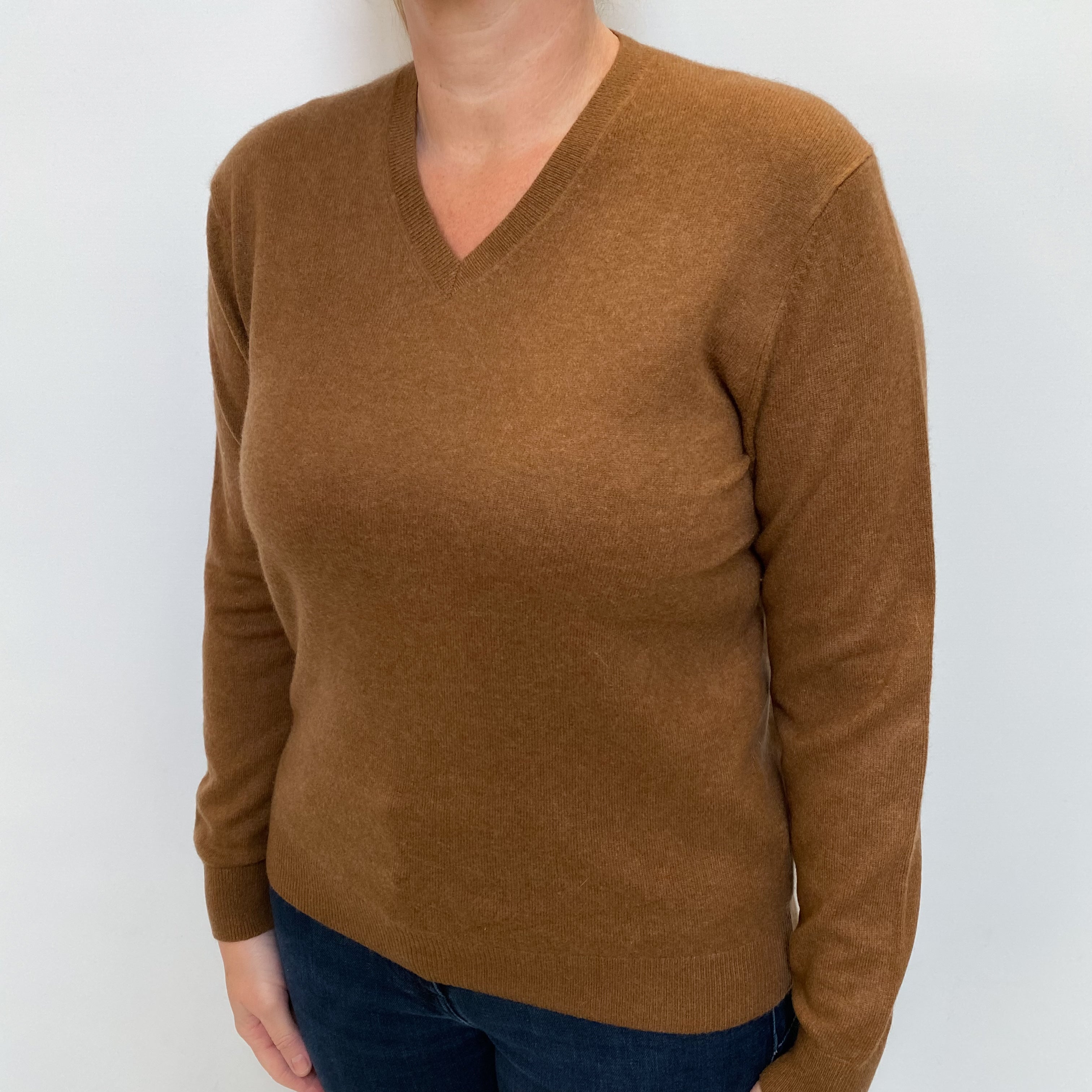 Cinnamon Brown Cashmere V Neck Jumper Large