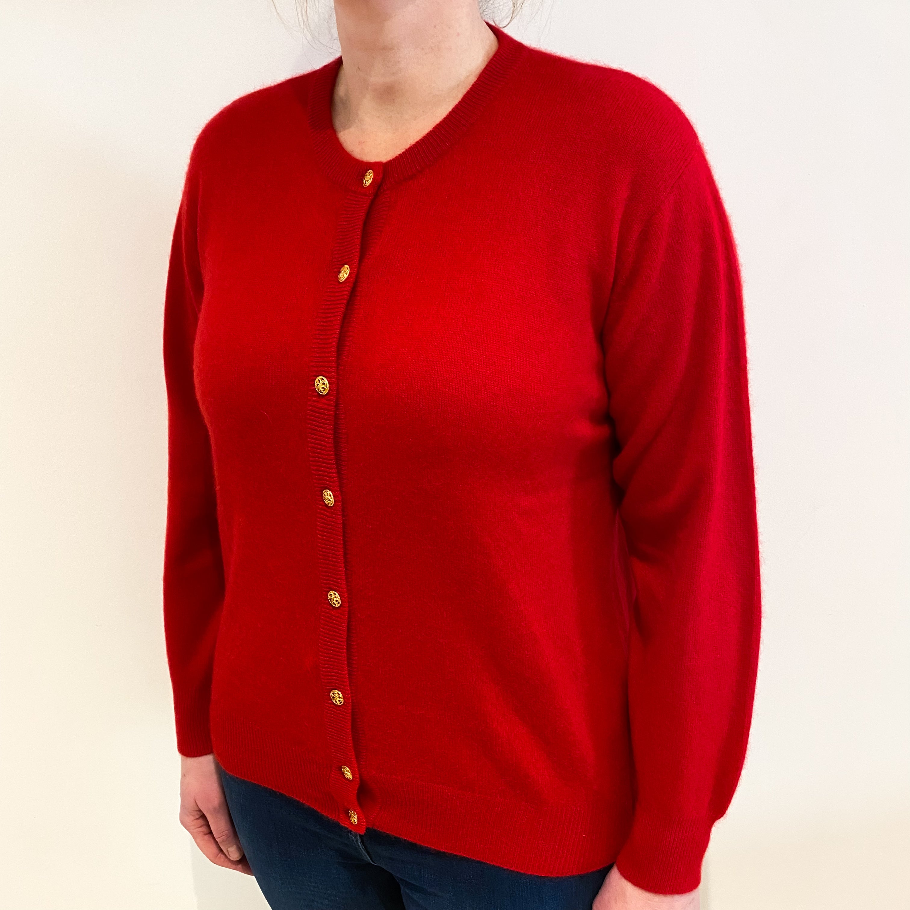 Scarlet Red Cashmere Crew Neck Cardigan Large