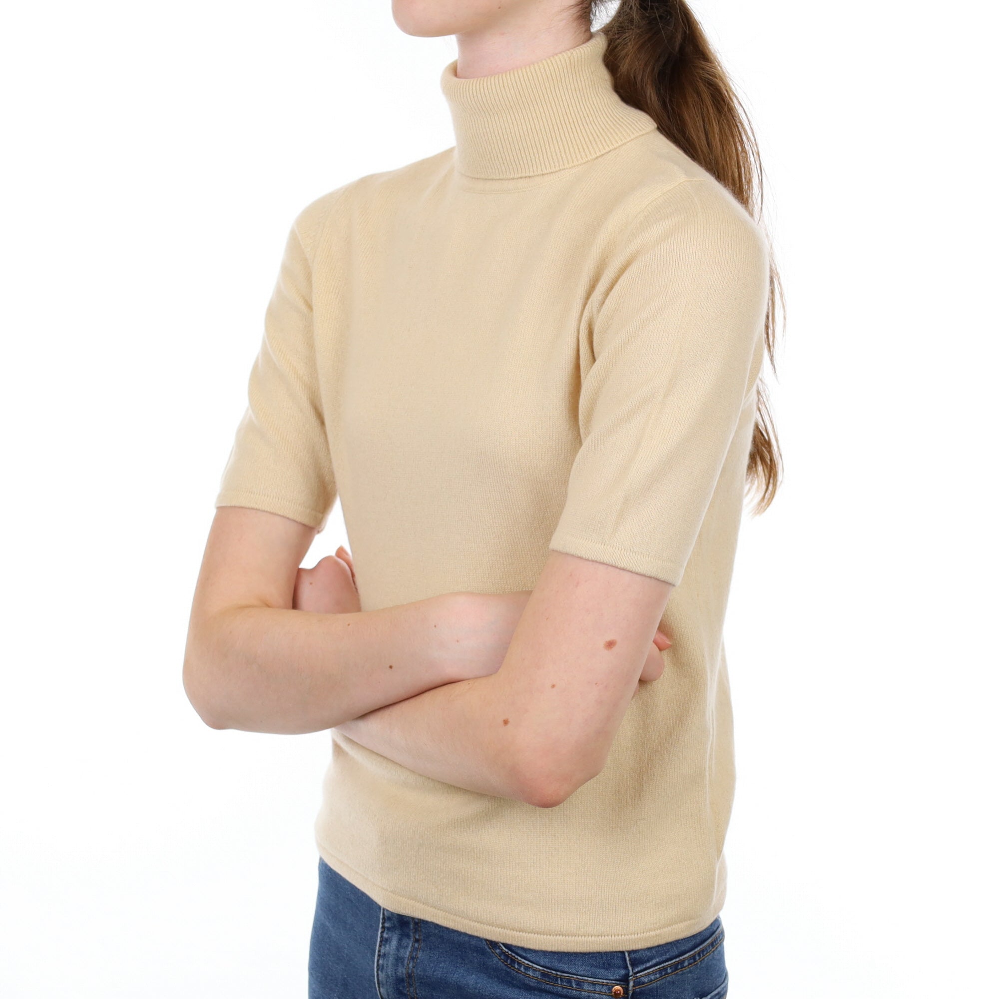 Sand Beige Cashmere Polo Neck Short Sleeved Jumper Extra Small