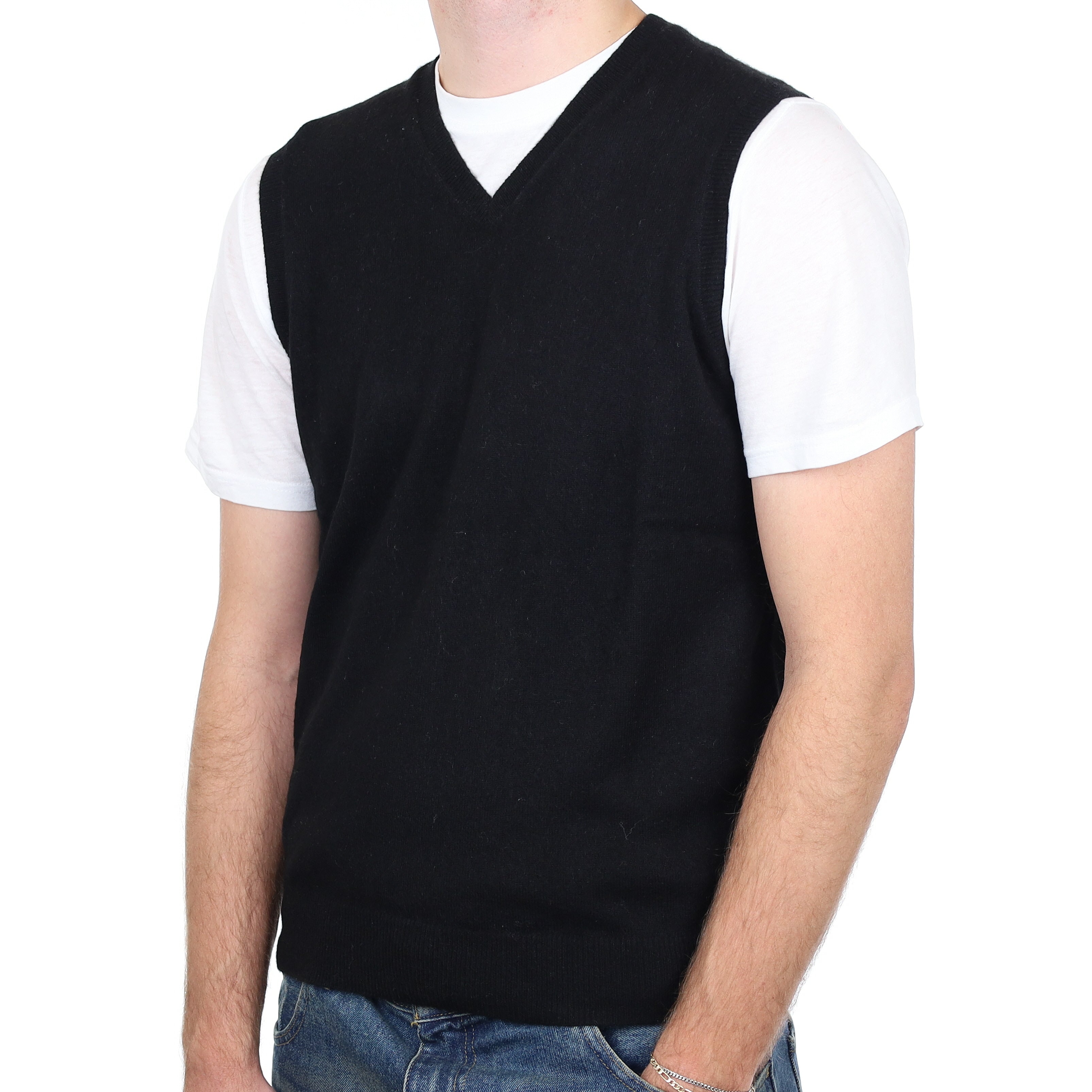 Men’s Black Cashmere V Neck Tank Top Medium