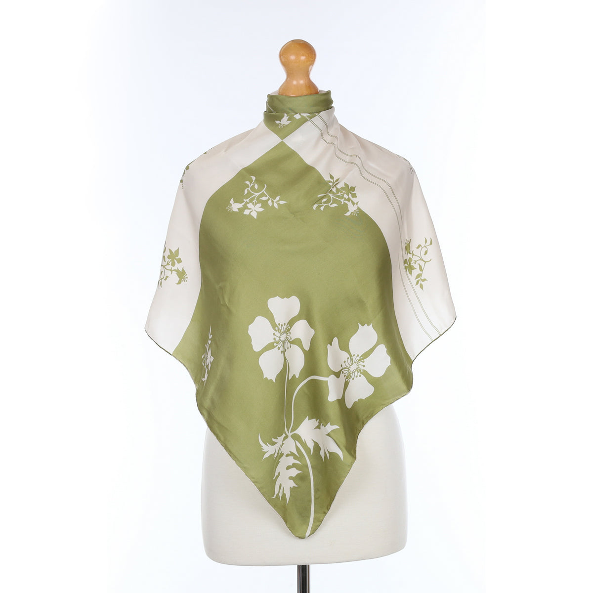 Green and Cream Abstract Vintage Silk Scarf