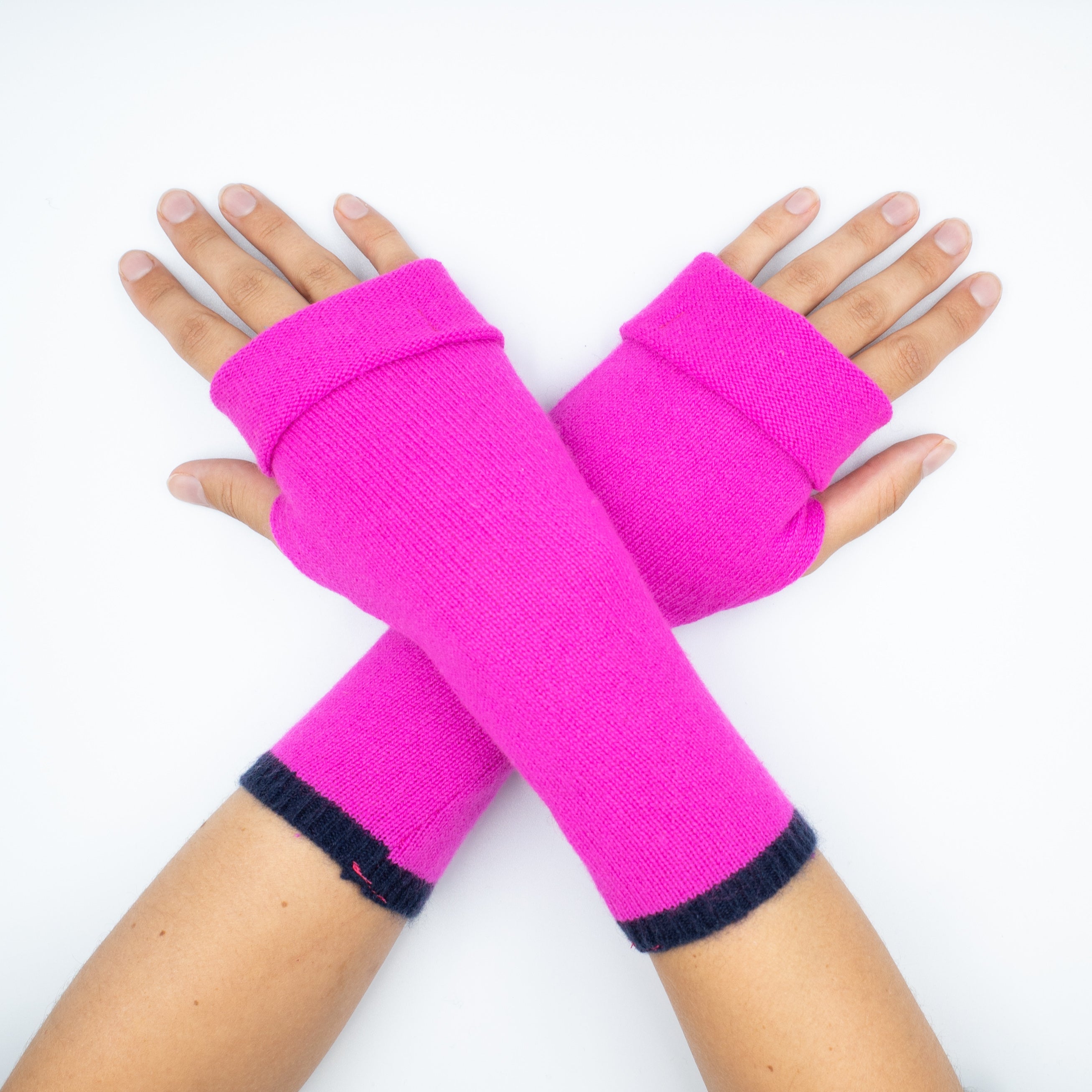 Hot Pink Navy Trim Cashmere Fingerless Gloves