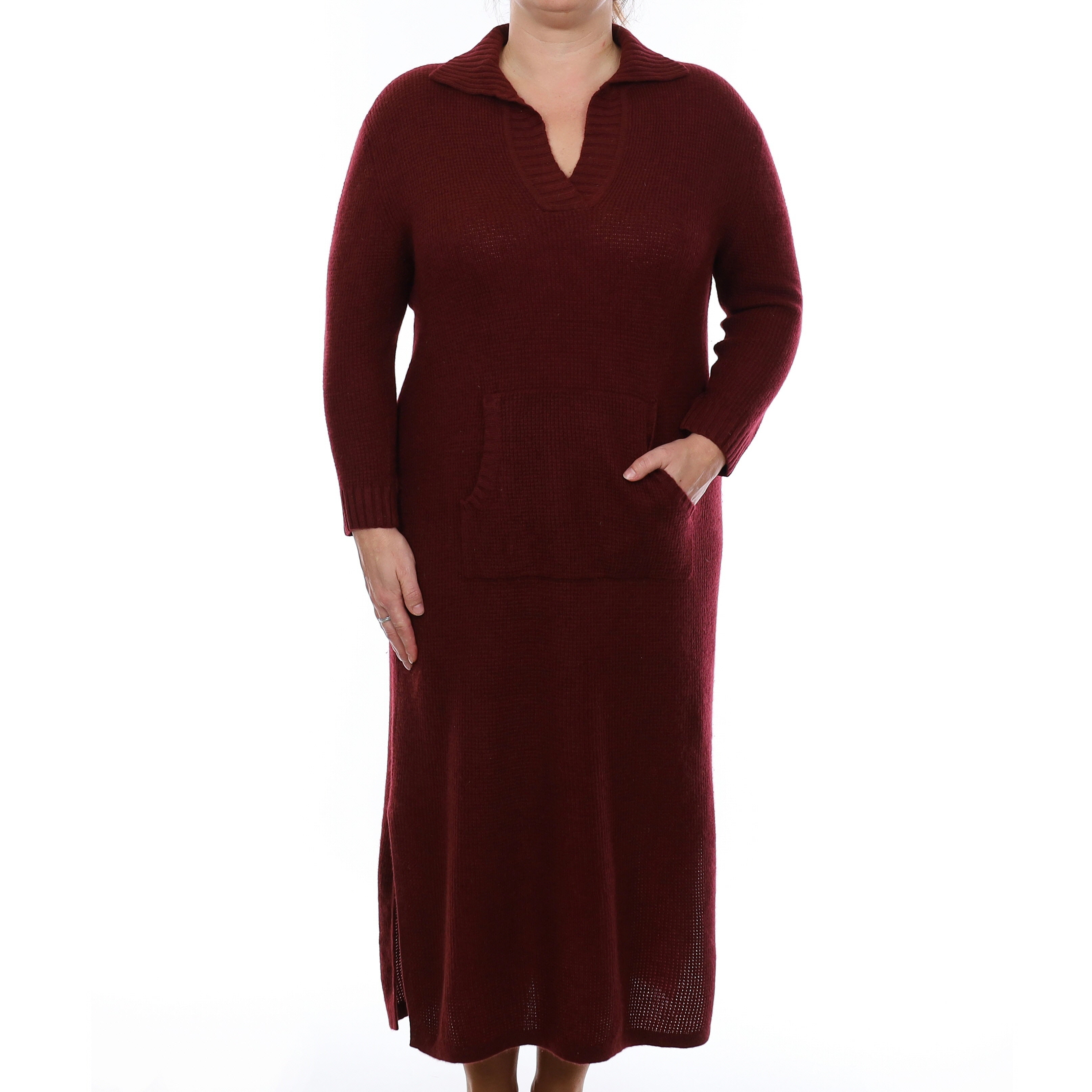 Wine Red Waffle Cashmere Long V Neck Dress with Collar Large
