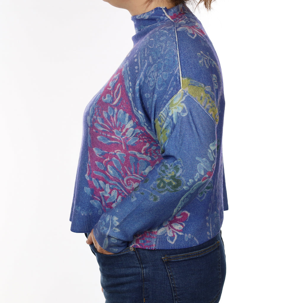 Blue and Pink Paisley Cashmere Cropped Funnel Neck Jumper Large