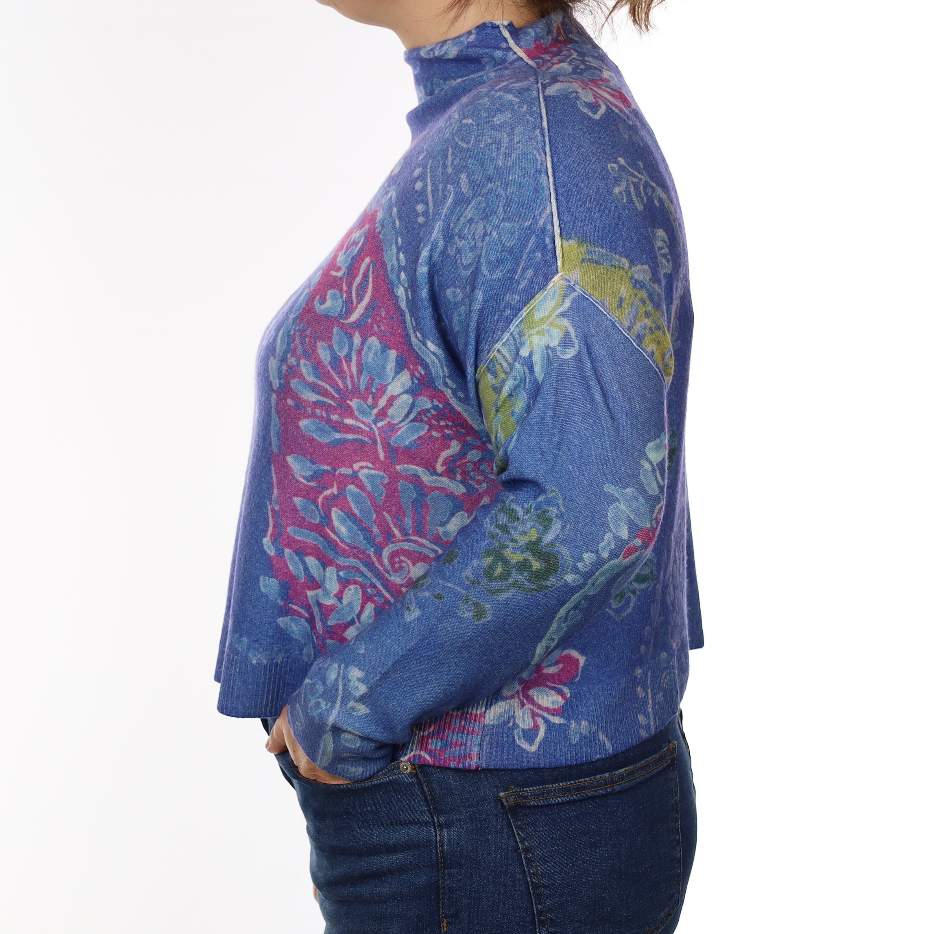 Blue and Pink Paisley Cashmere Cropped Funnel Neck Jumper Large