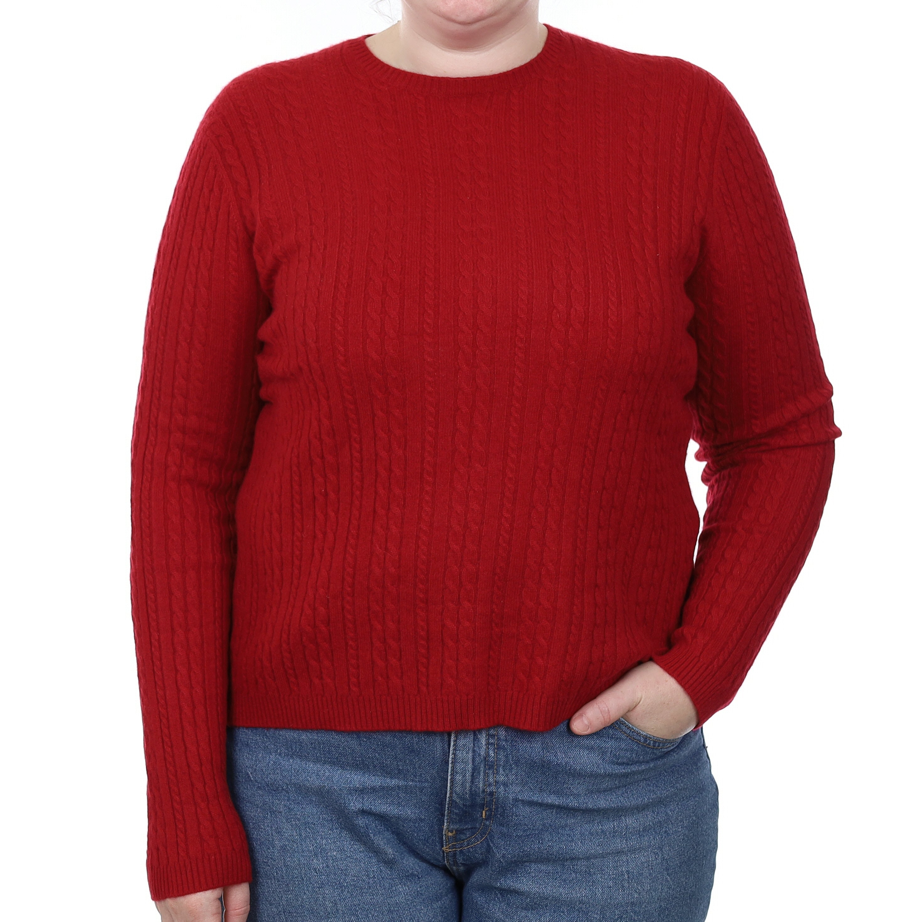 Ruby Red Cable Cashmere Crew Neck Jumper Large