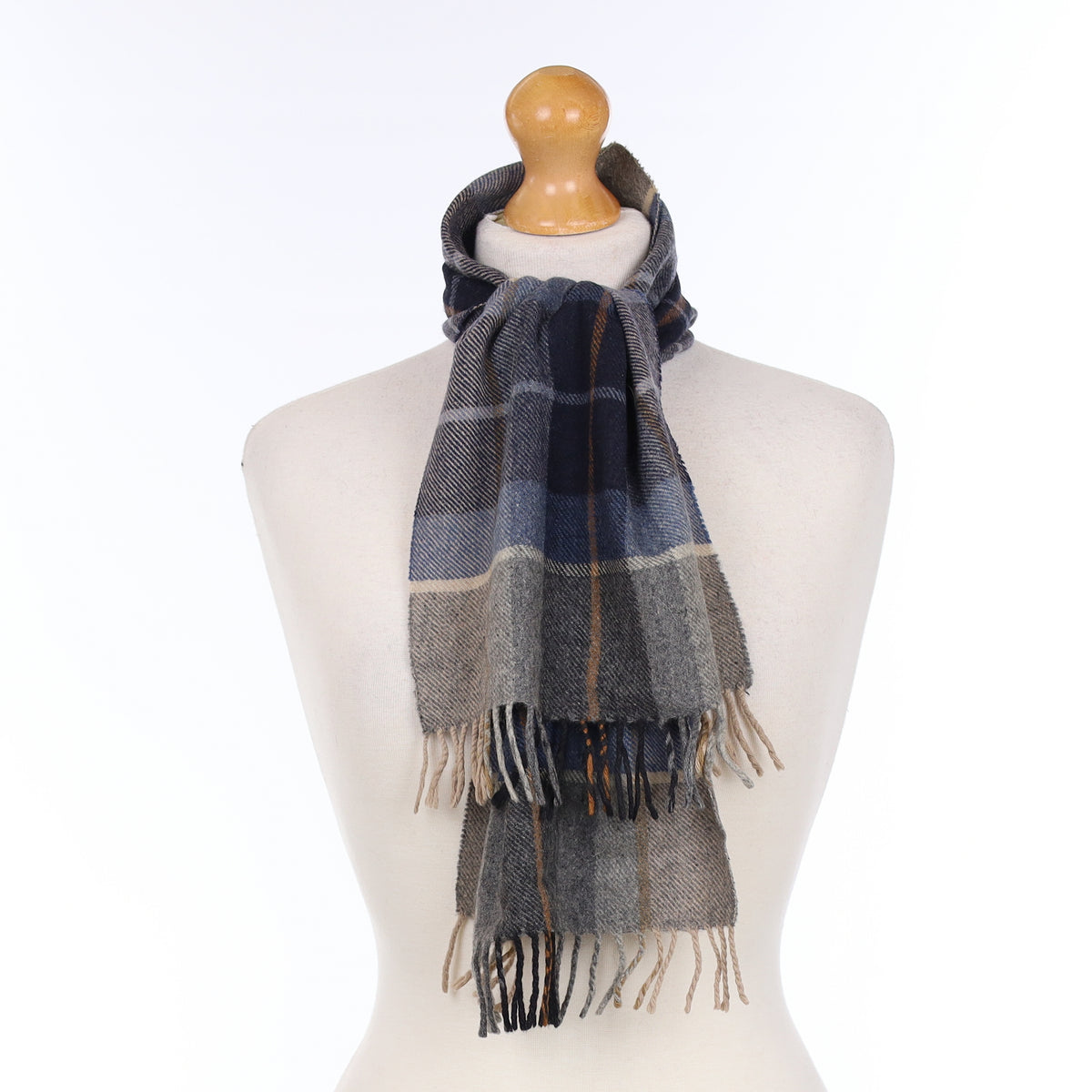 Blue and Grey Checked Cashmere Woven Scarf