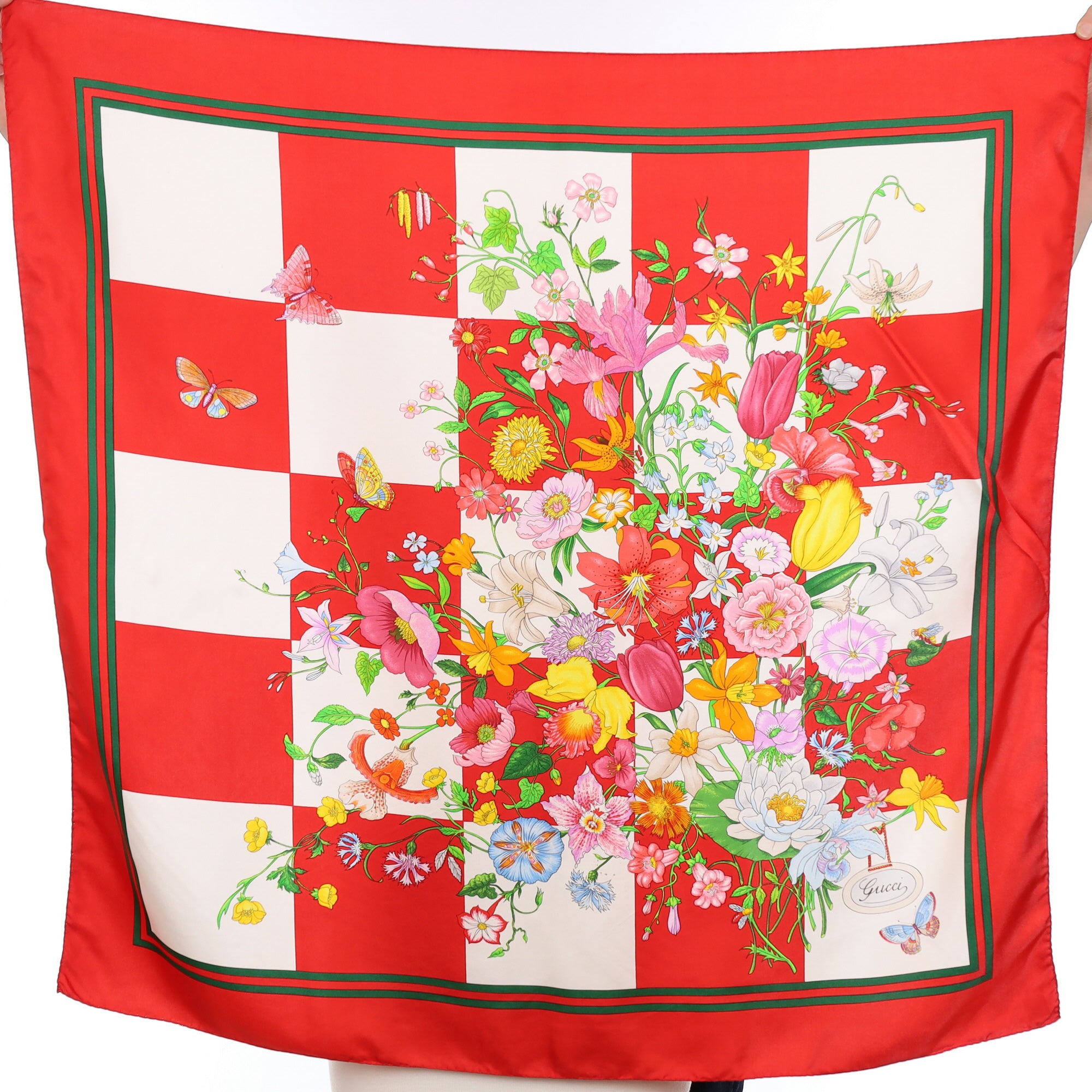 Gucci Red and White Floral Silk Scarf