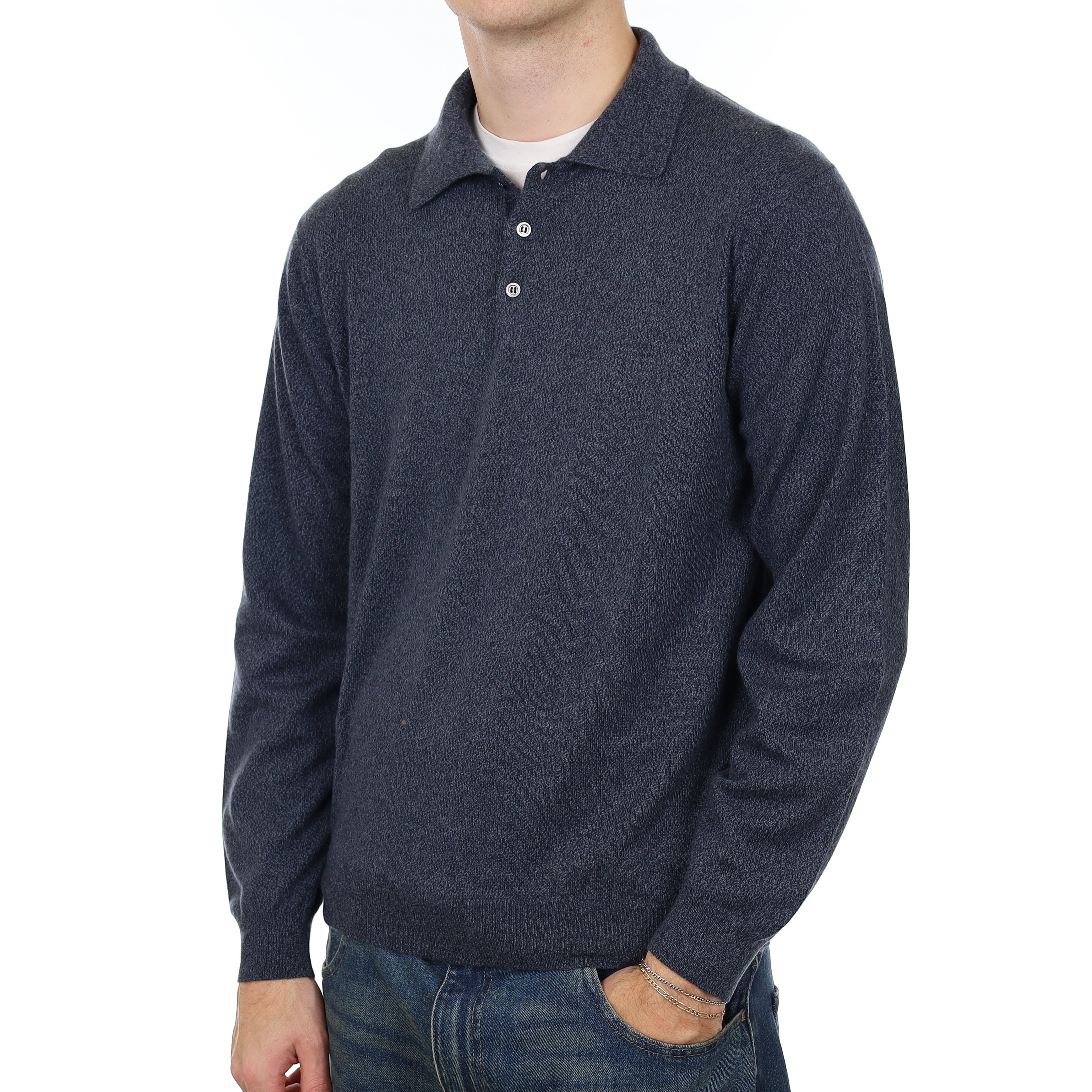 Men’s Neiman Marcus Grey Blue Marl Cashmere Quarter Button Jumper Medium