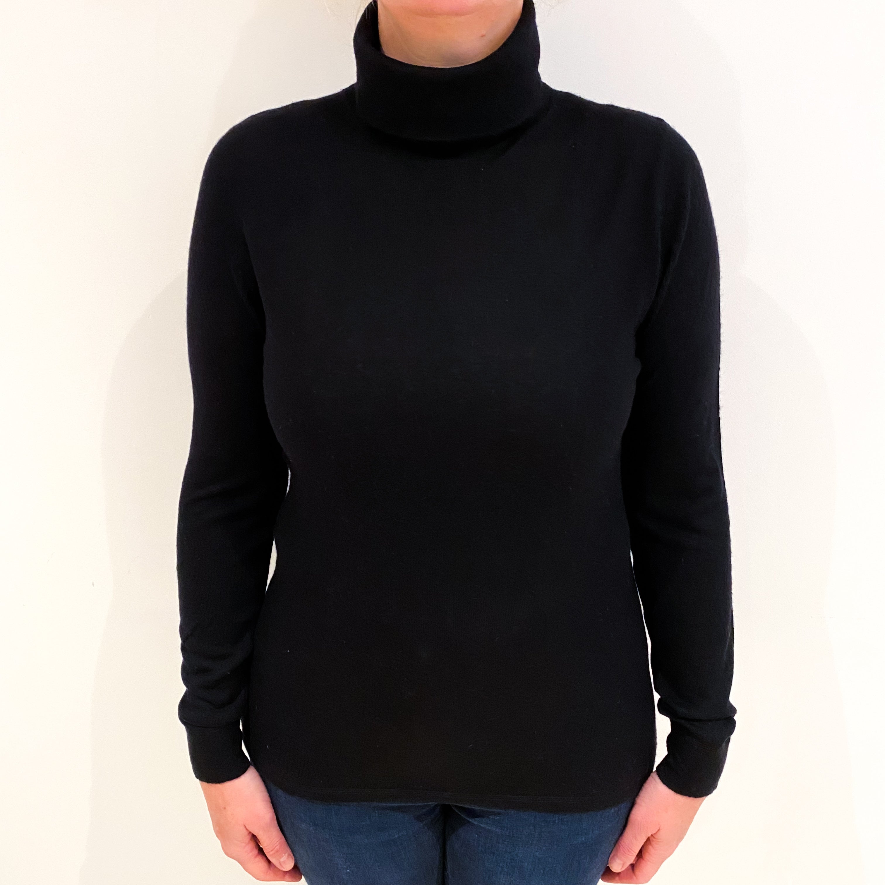 Black Fine Knit Cashmere Polo Neck Jumper Large