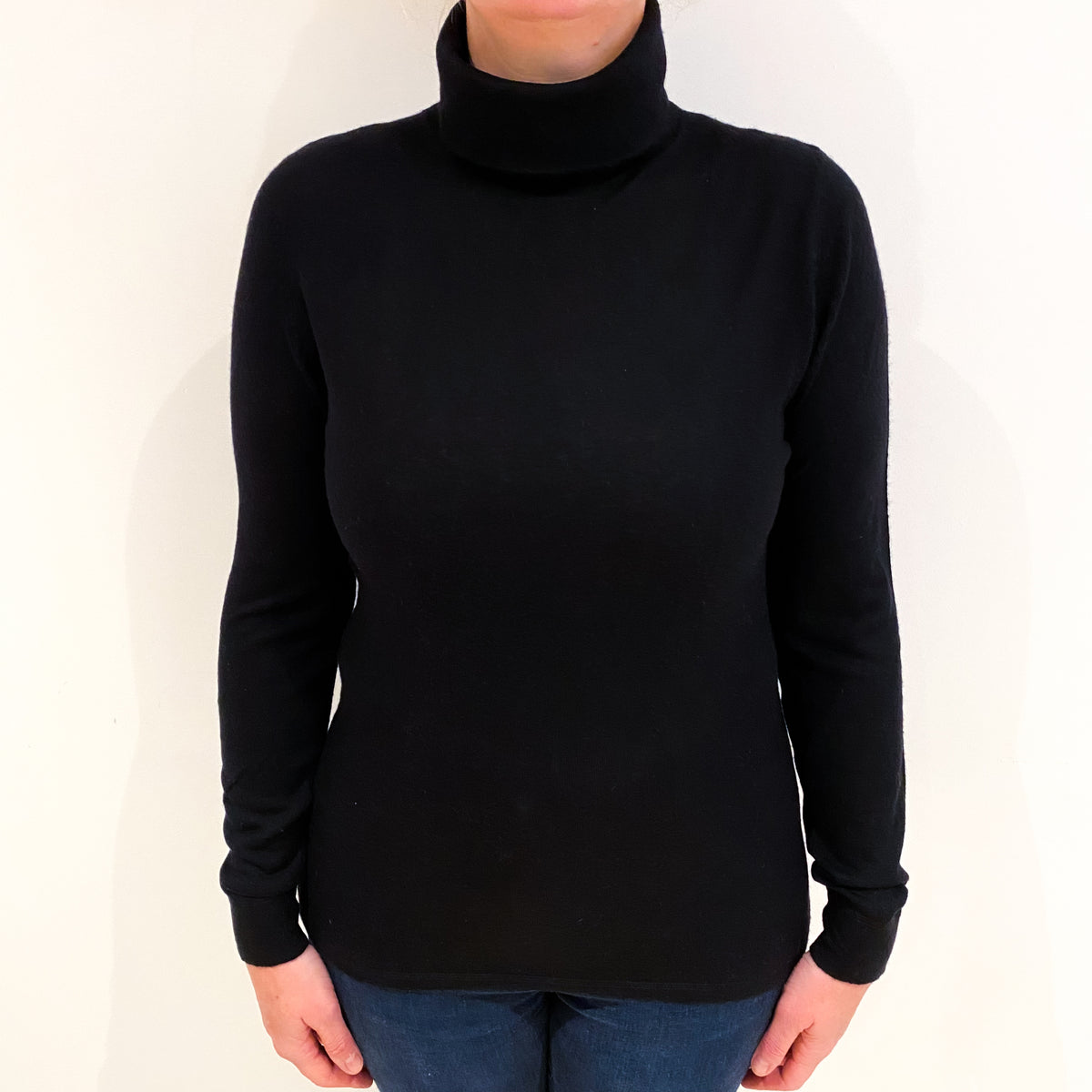 Black Fine Knit Cashmere Polo Neck Jumper Large