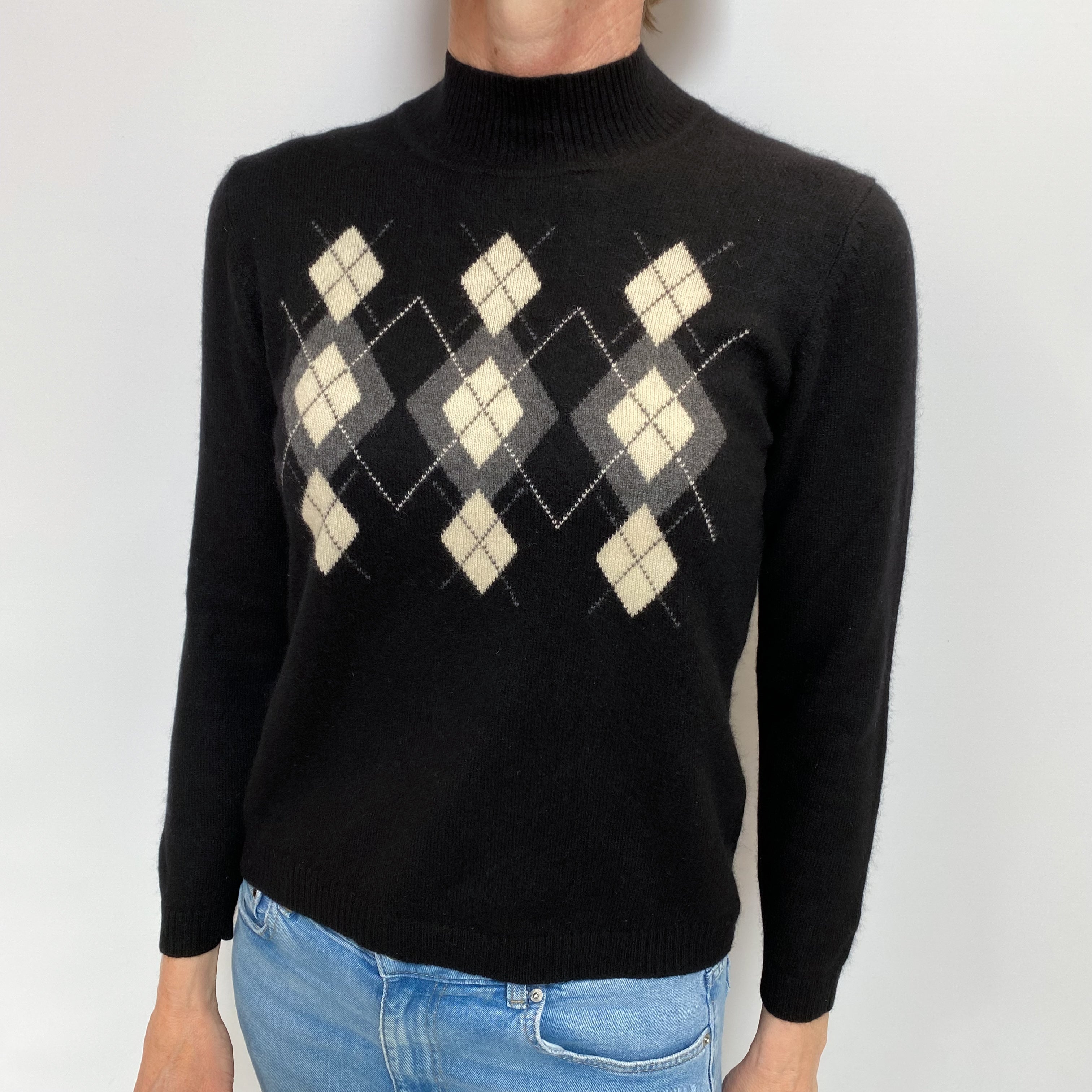 Black Argyle Cashmere Turtle Neck Jumper Small