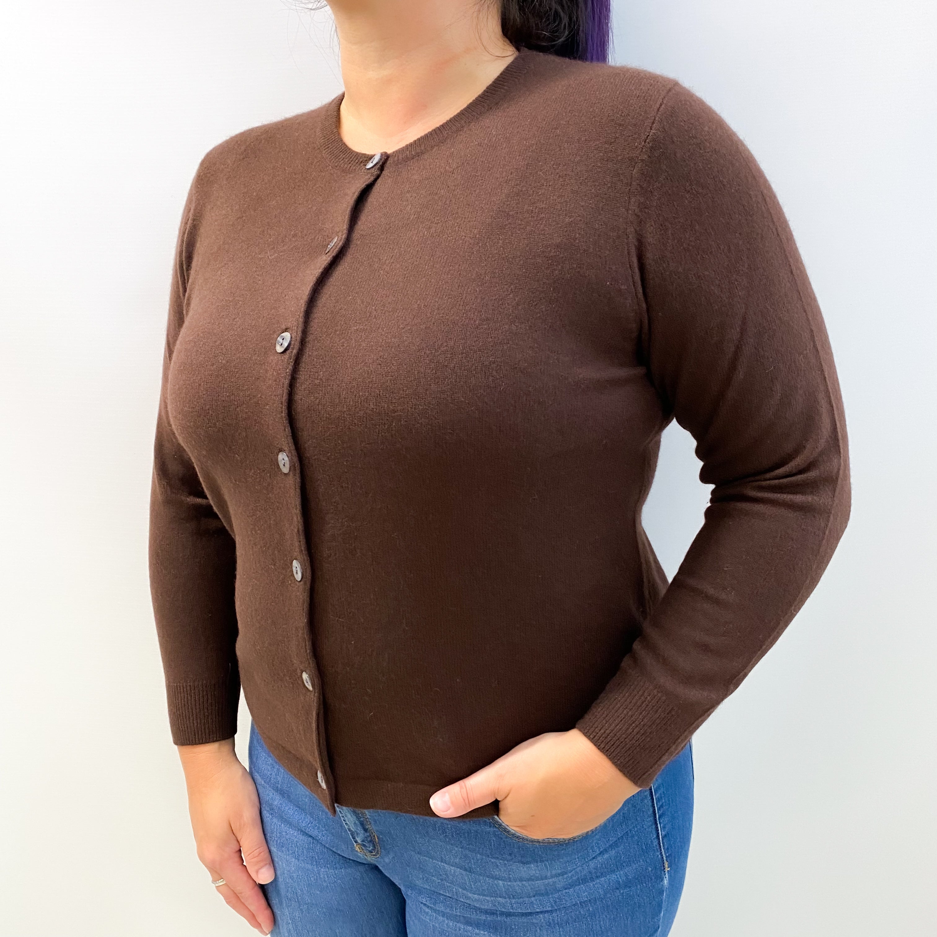 Chocolate Brown Cashmere Crew Neck Cardigan Large