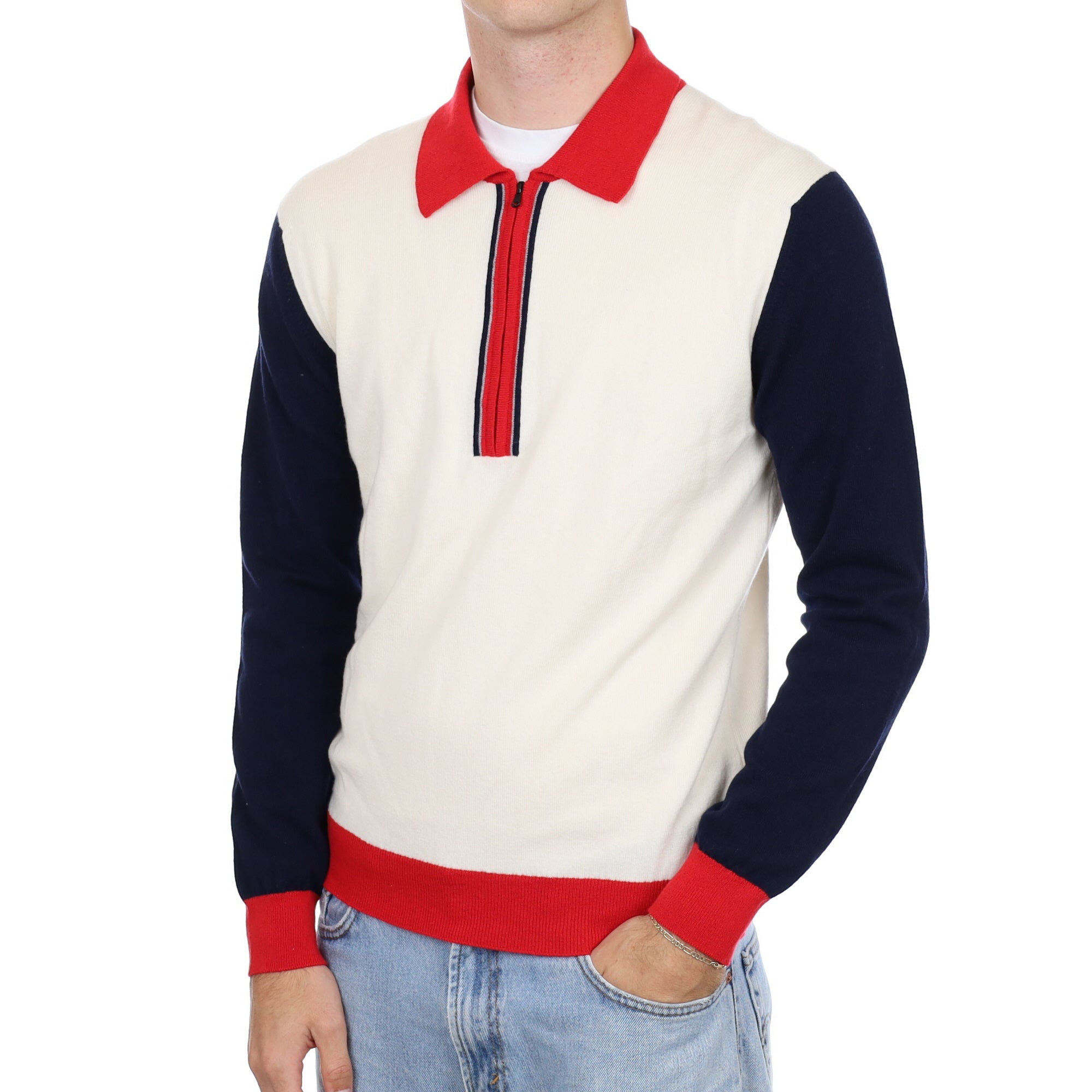Men’s Brand New Scottish Cream Navy and Red Cashmere Collared 1/4 Zip Neck Jumper Medium